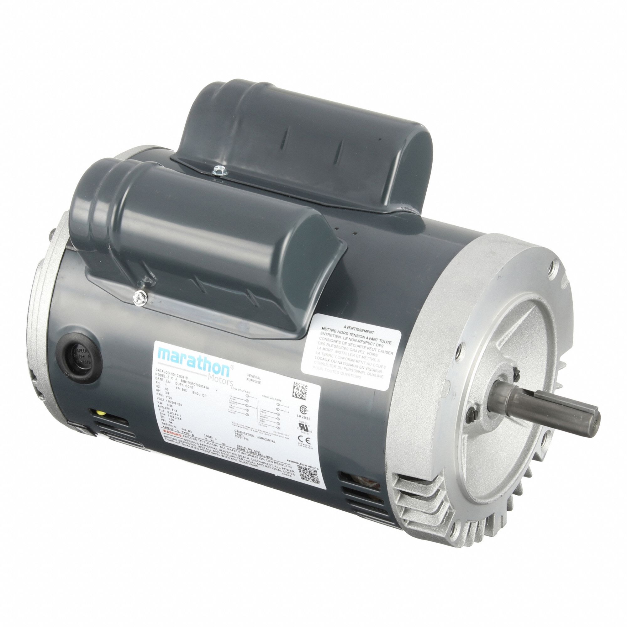 General Purpose Motor: Single Phase, 3/4 hp, 115/208-230V AC, 56C Frame Size, 1, 725 RPM, B