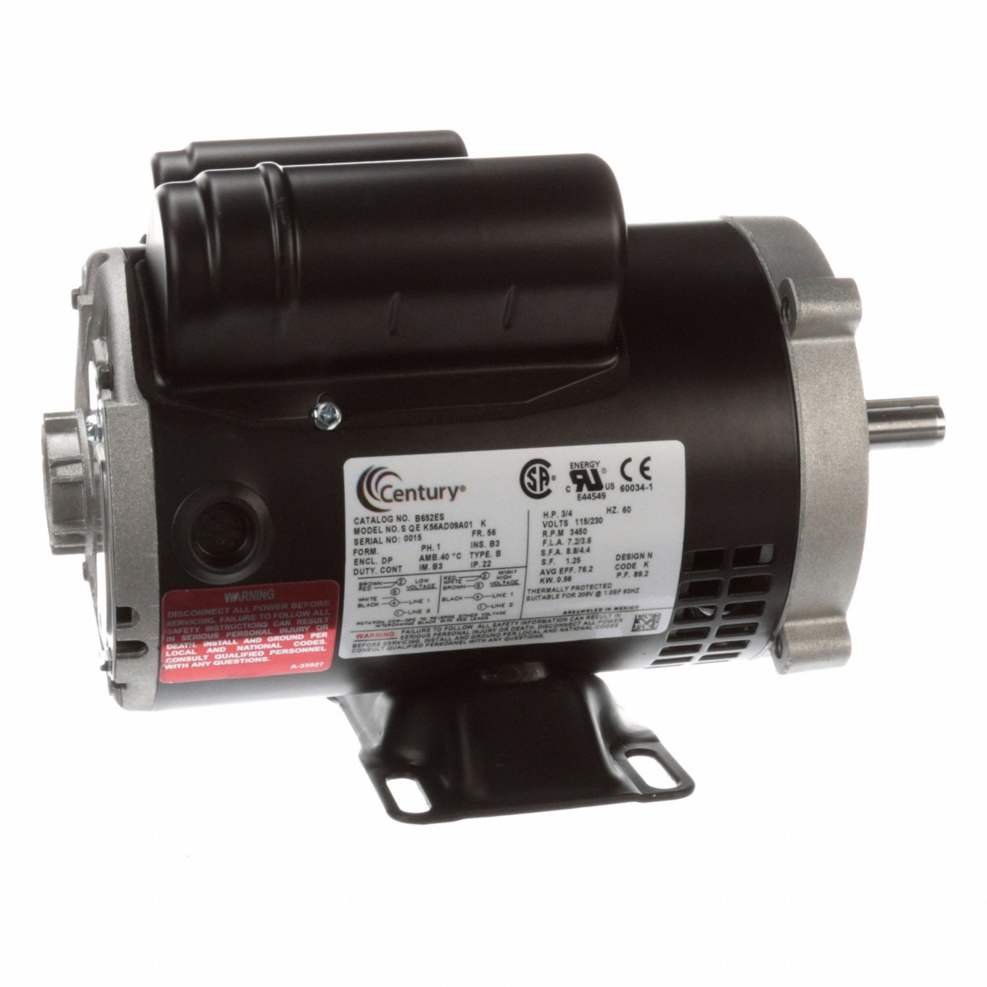 General Purpose Motor: Single Phase, 3/4 hp, 115/230V AC, 56 Frame Size, 5/8 in x 2 in, Auto