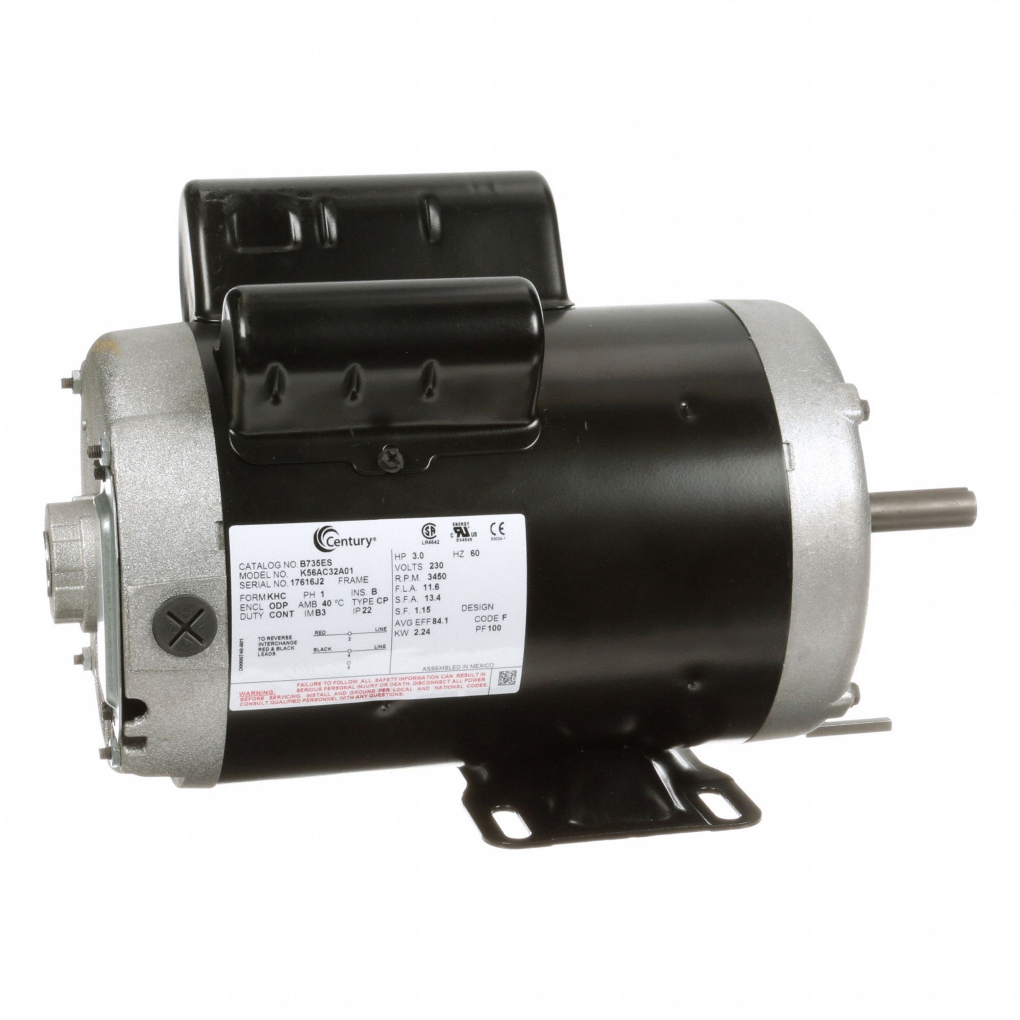 General Purpose Motor: Single Phase, 3 hp, 230V AC, 56 Frame Size, 5/8 in x 1 7/8 in, 60 Hz