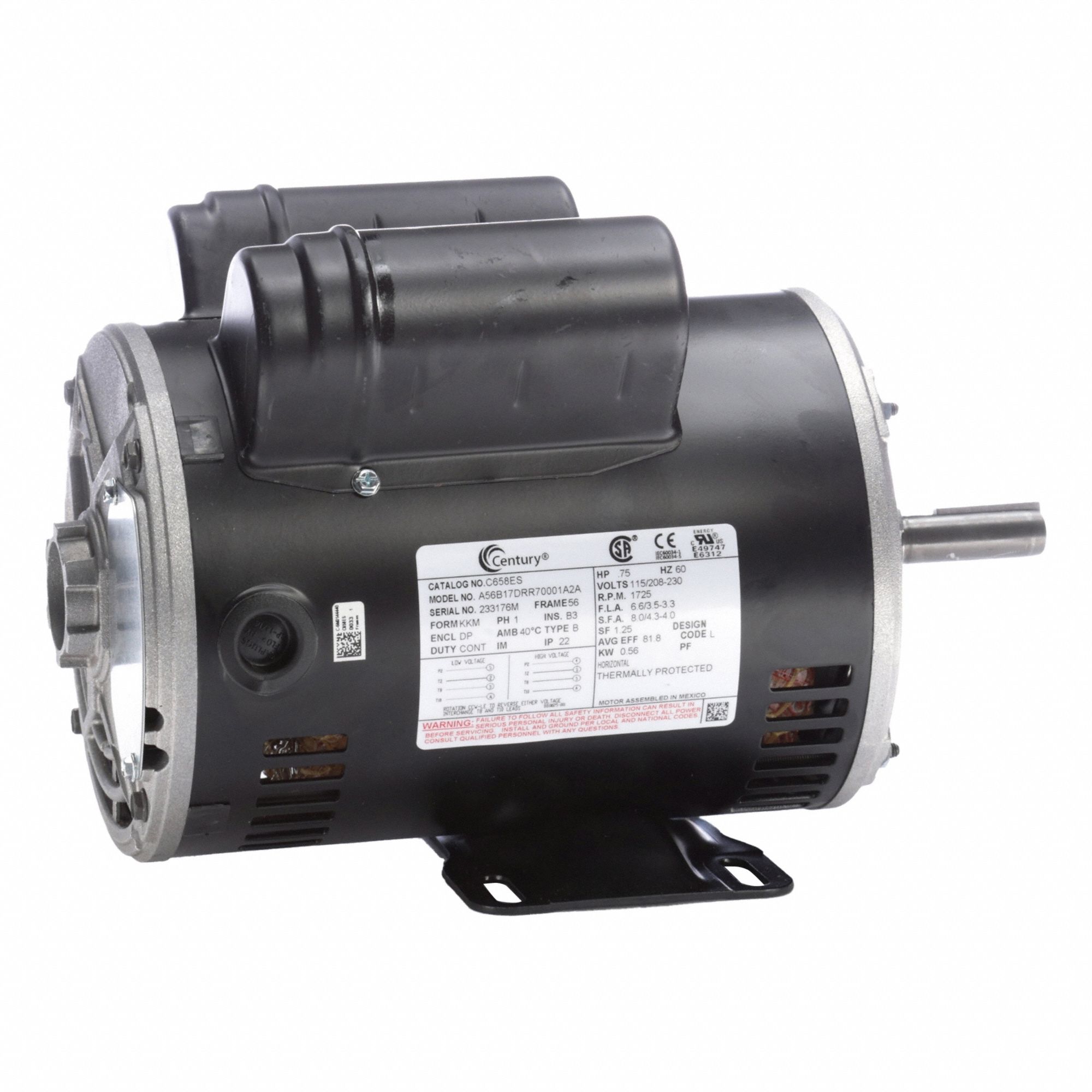 General Purpose Motor: Single Phase, 3/4 hp, 115/208-230V AC, 56 Frame Size, 1, 725 RPM, Auto