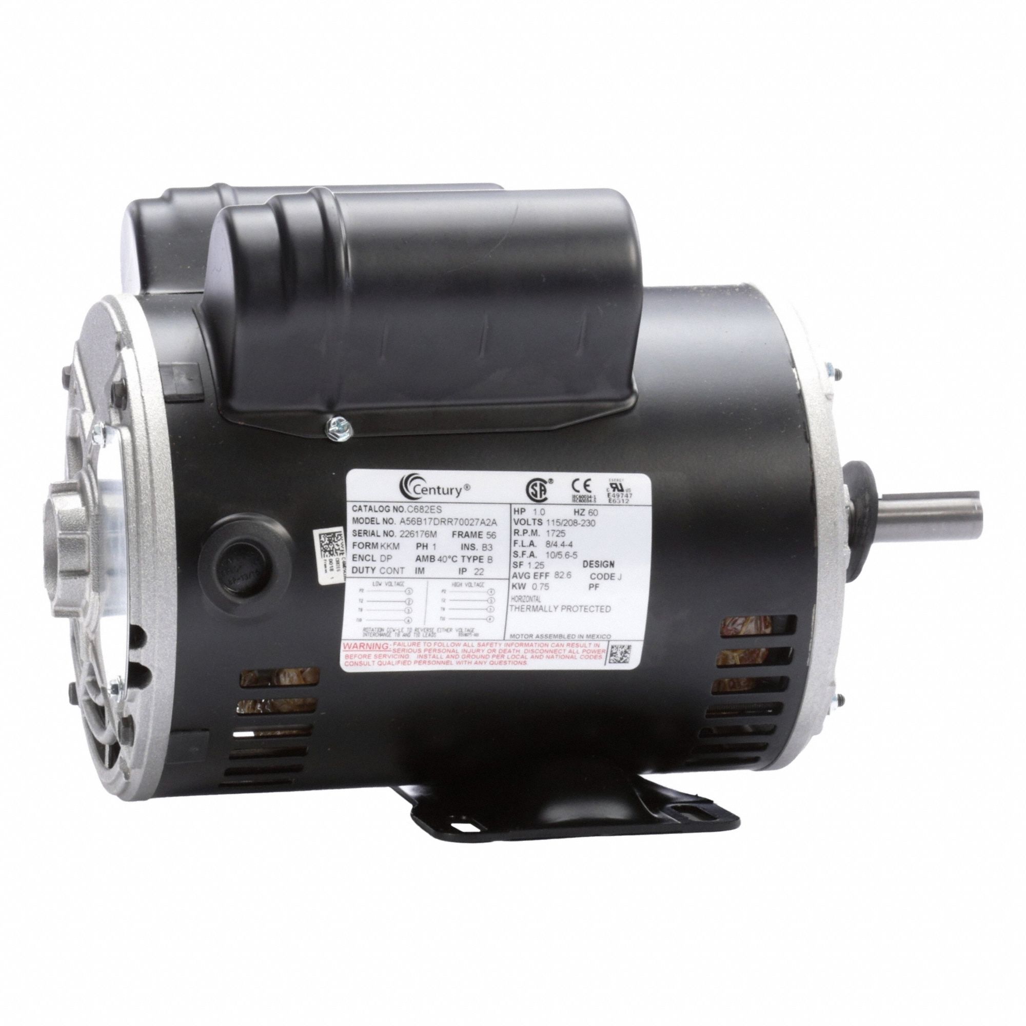 General Purpose Motor: Single Phase, 1 hp, 115/208-230V AC, 56 Frame Size, 5/8 in x 1 7/8 in
