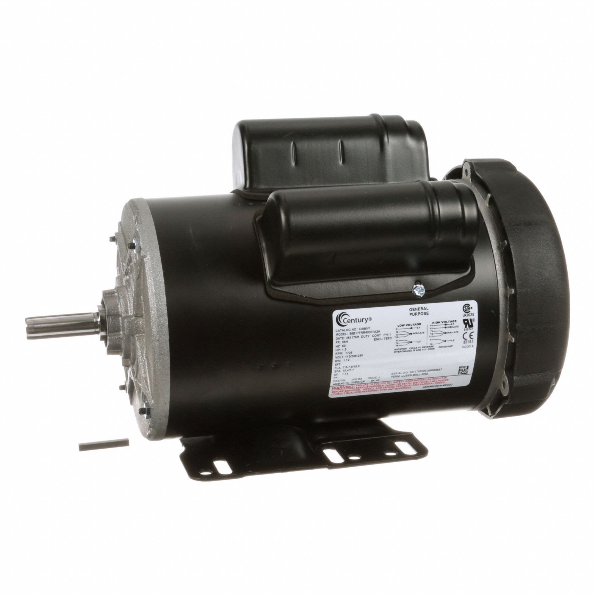 General Purpose Motor: Single Phase, 1 1/2 hp, 115/208-230V AC, 56H Frame Size, 1, 725 RPM, B