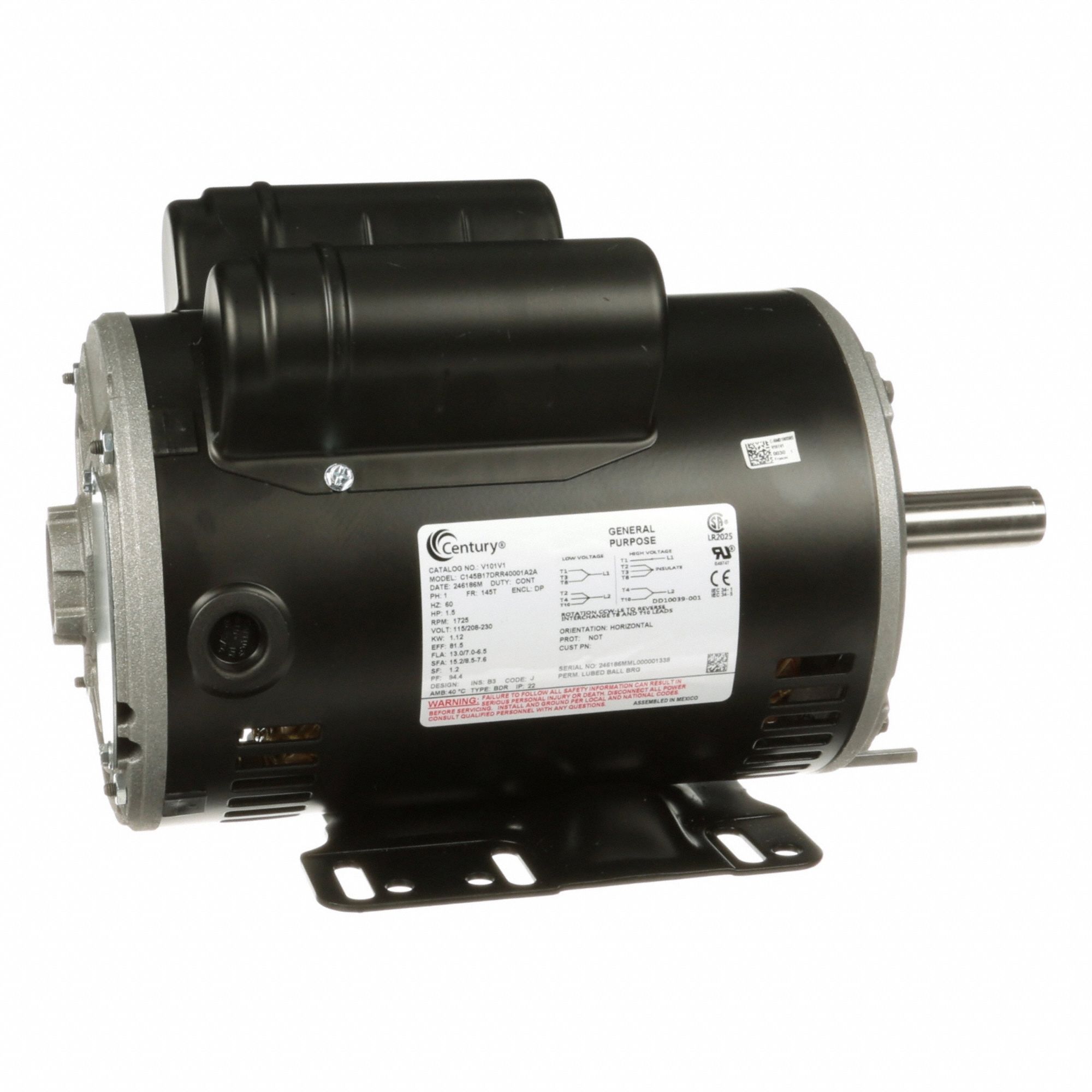 General Purpose Motor: Single Phase, 1 1/2 hp, 115/208-230V AC, 145T Frame Size, 1, 725 RPM