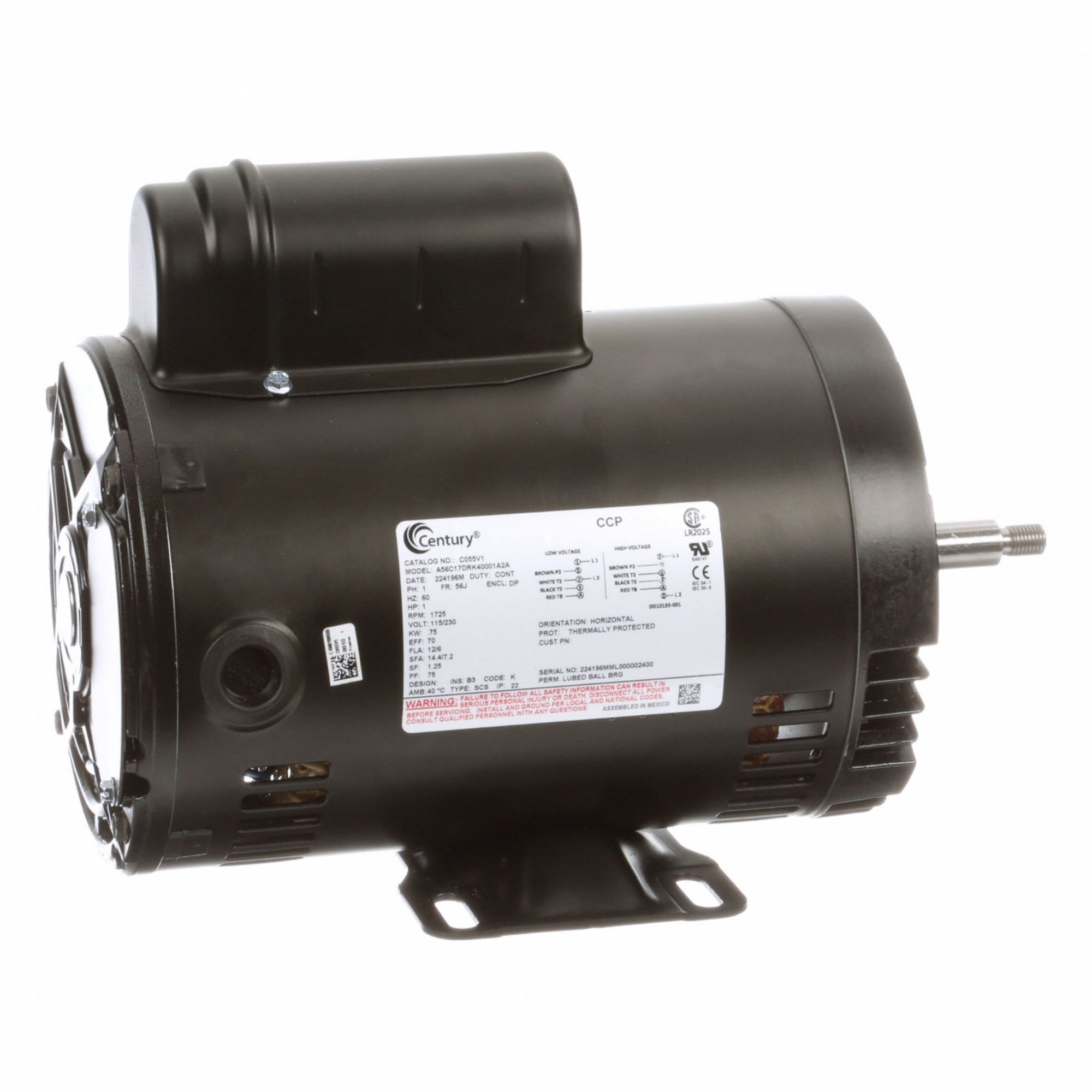 CENTURY Centrifugal Pump Motor: 1 hp, 115/230V AC, Mfr Part # C055V1 - Motors for Straight Centrifugal Pumps