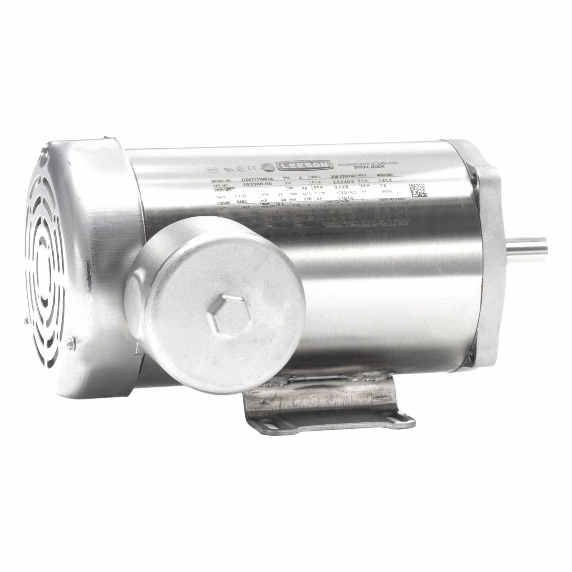 Washdown Motor: Three-Phase, 3/4 hp Horsepower, 1, 725 RPM RPM, 230/460V AC, S56C Frame Size