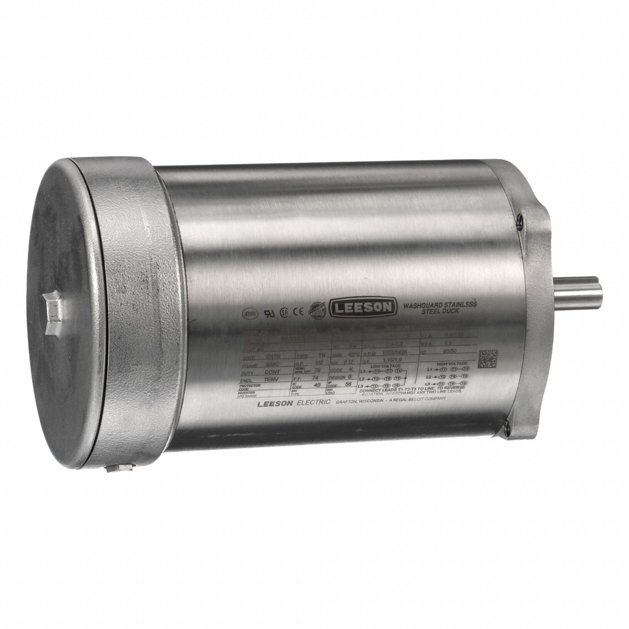 Washdown Motor: Three-Phase, 1/2 hp Horsepower, 1, 725 RPM RPM, 230/460V AC, S56C Frame Size