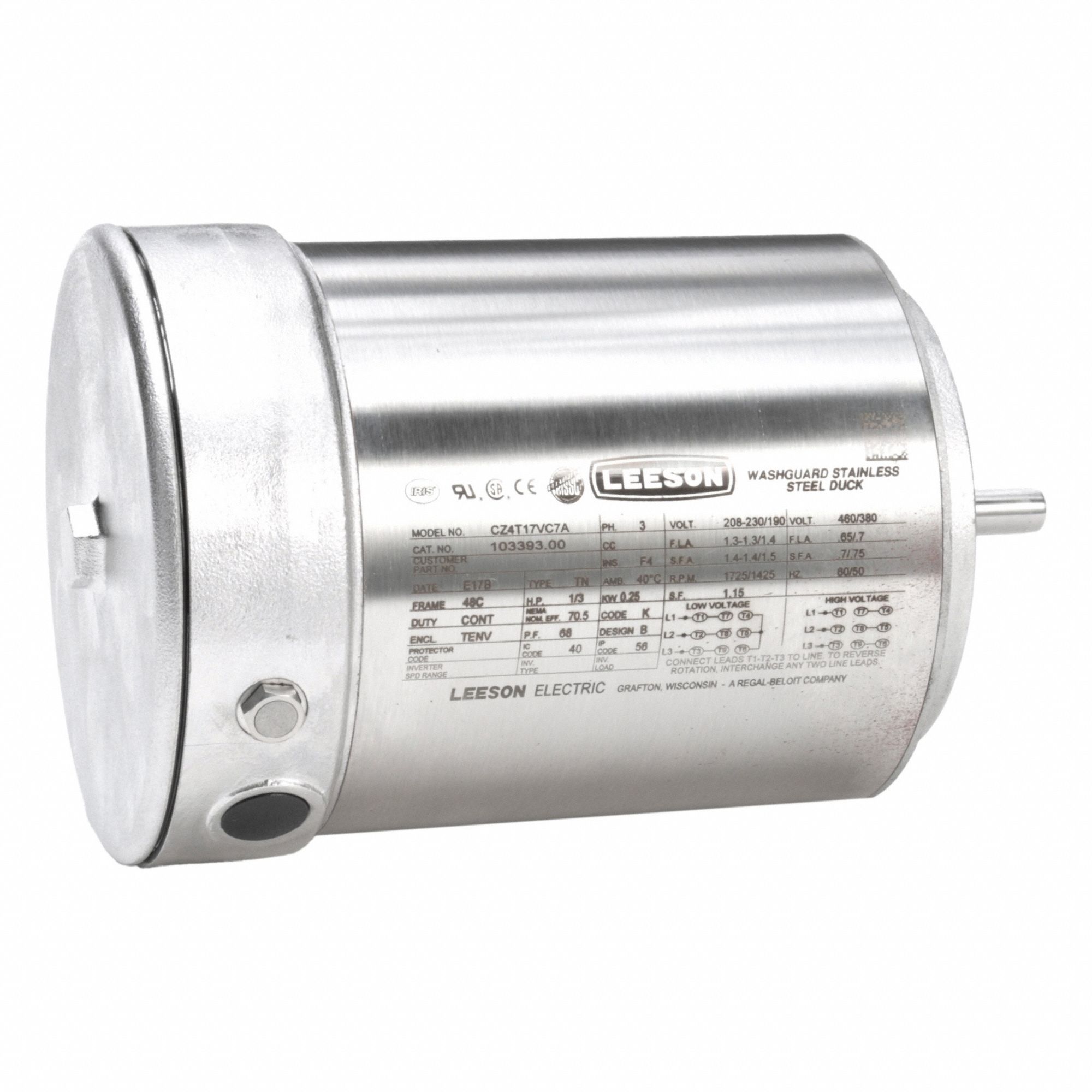 Washdown Motor: Three-Phase, 1/3 hp Horsepower, 1, 725 RPM RPM, 230/460V AC, 48C Frame Size