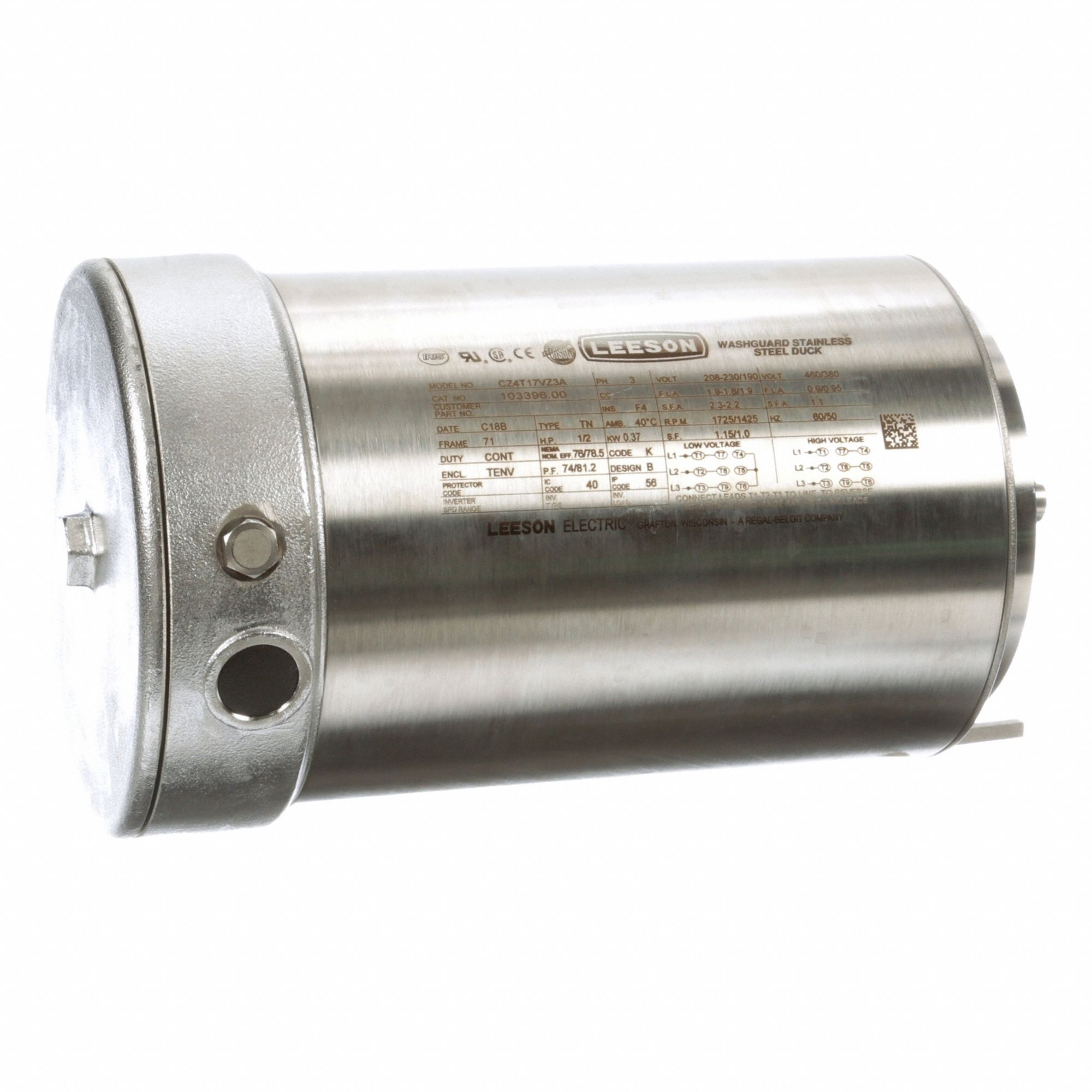 Washdown Motor: Three-Phase, 1/2 hp Horsepower, 1, 725 RPM RPM, 230/460V AC, 71 Frame Size