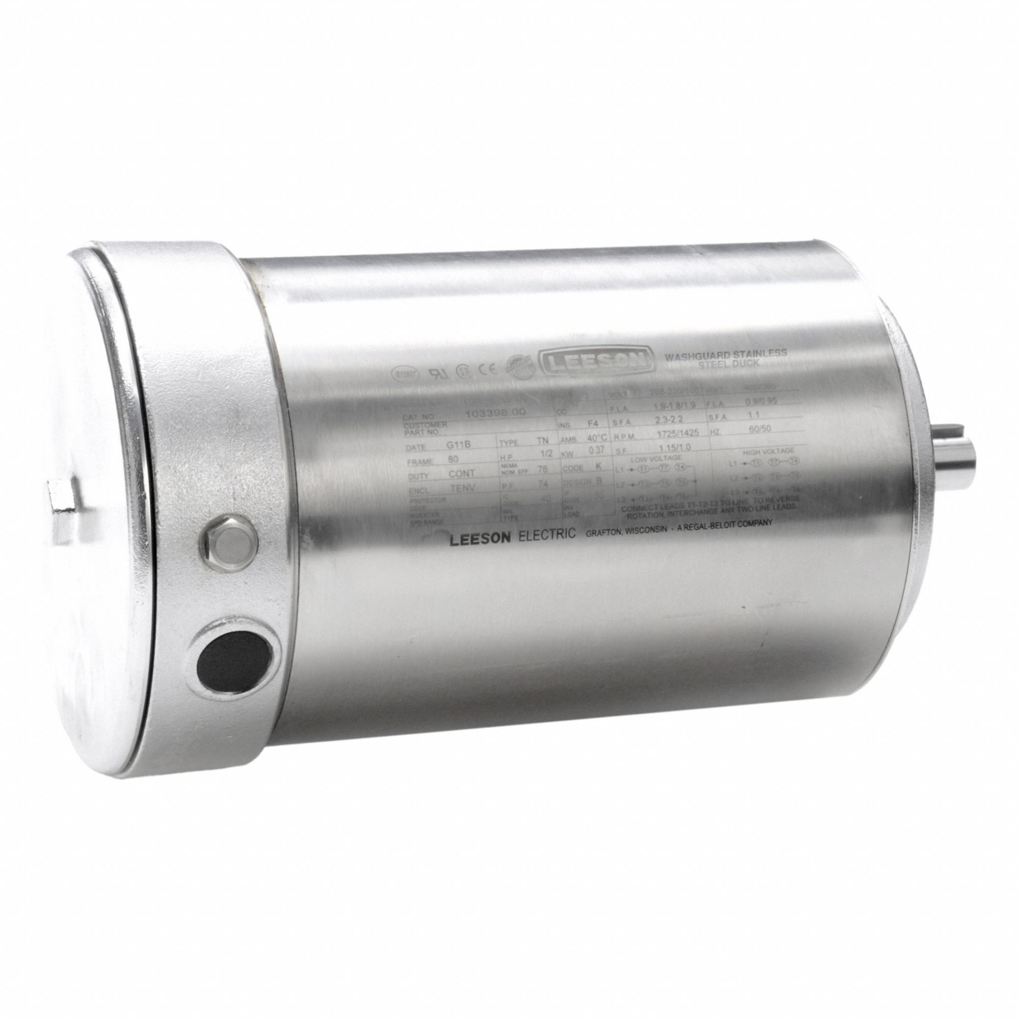 Washdown Motor: Three-Phase, 1/2 hp Horsepower, 1, 725 RPM RPM, 230/460V AC, 80 Frame Size