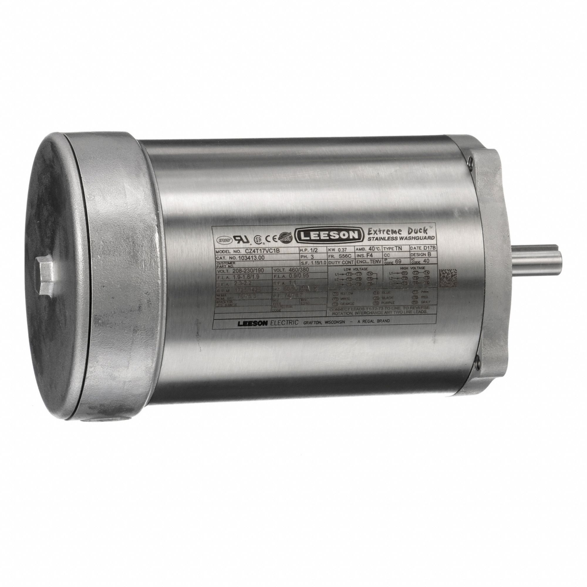 Washdown Motor: Three-Phase, 1/2 hp Horsepower, 1, 725 RPM RPM, 230/460V AC, S56C Frame Size