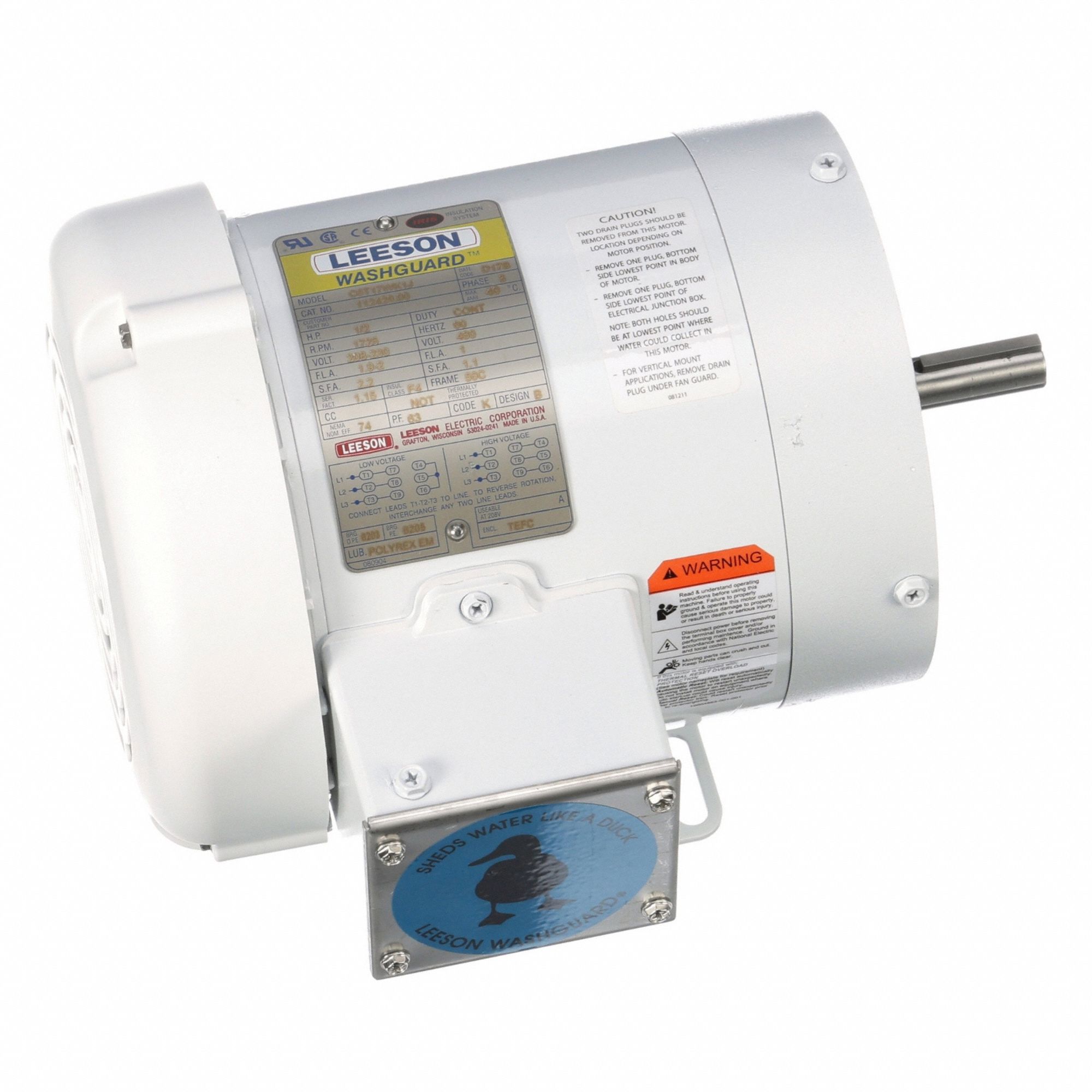 Washdown Motor: Three-Phase, 1/2 hp Horsepower, 1, 725 RPM RPM, 230/460V AC, 56C Frame Size