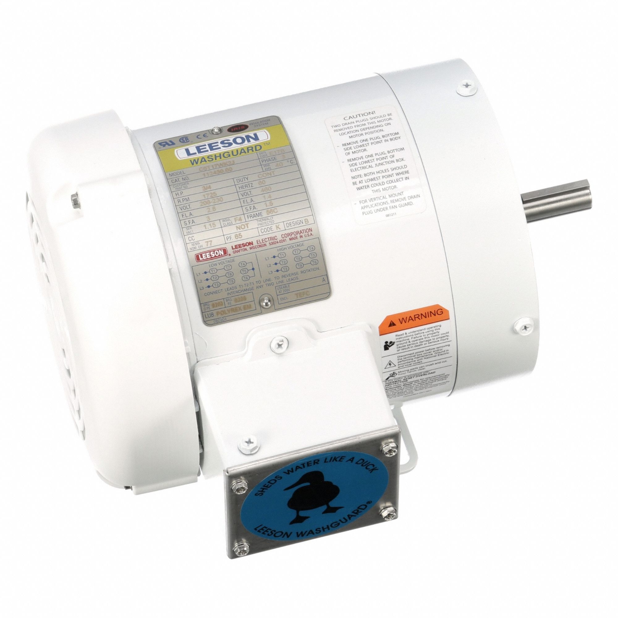 Washdown Motor: Three-Phase, 3/4 hp Horsepower, 1, 725 RPM RPM, 230/460V AC, 56C Frame Size