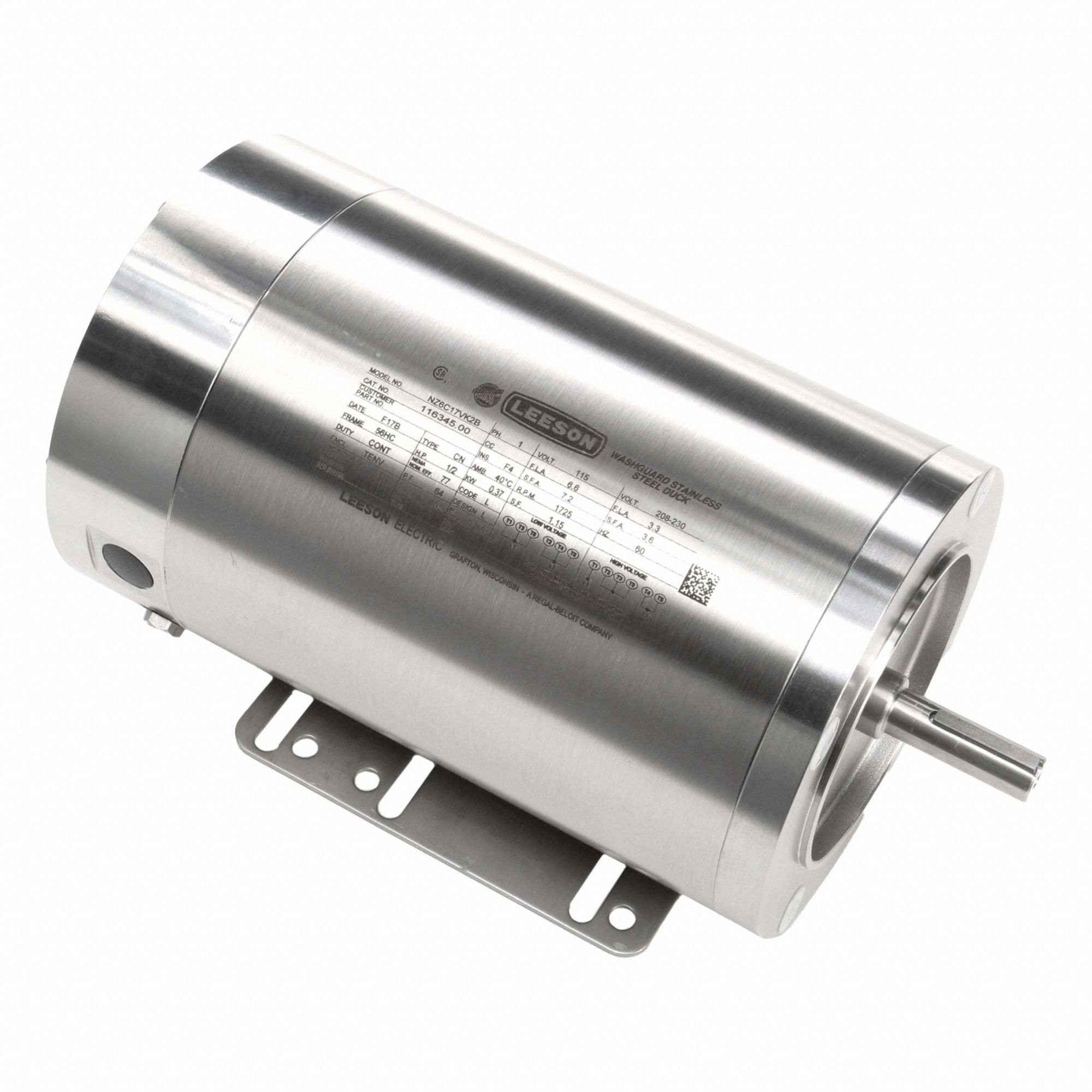 Washdown Motor: Capacitor-Start, 1/2 hp Horsepower, 1, 725 RPM RPM, 115/230V AC, TENV