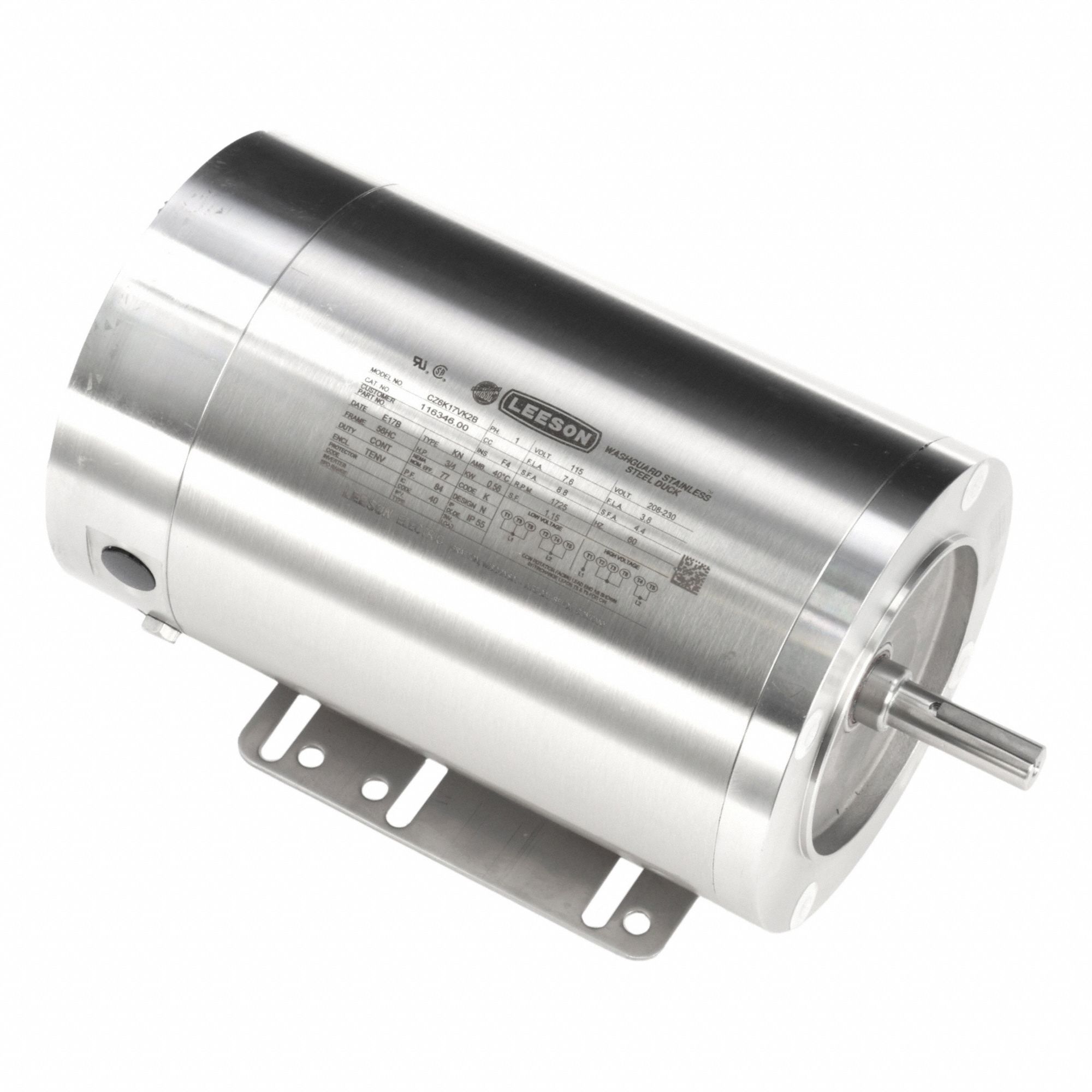 Washdown Motor: Capacitor-Start/Run, 3/4 hp Horsepower, 1, 725 RPM RPM, 115/230V AC, TENV