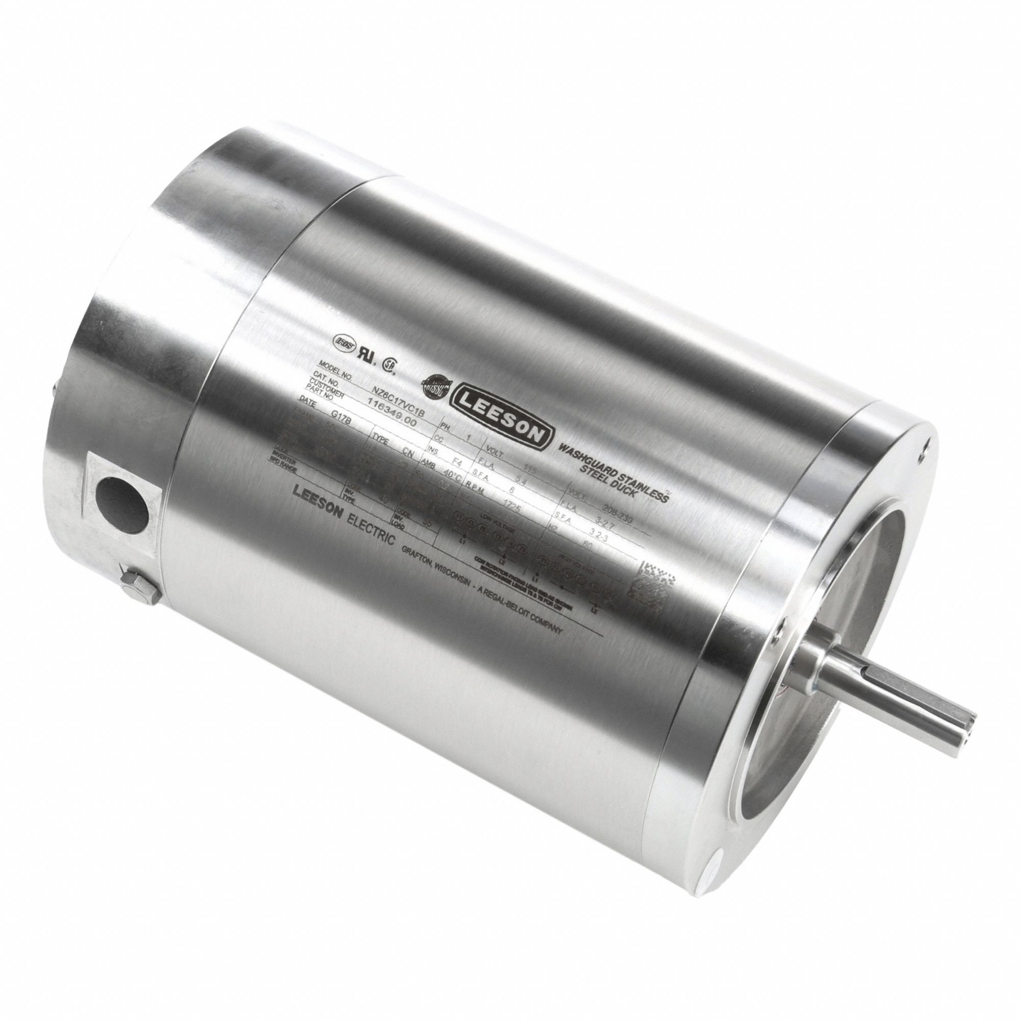Washdown Motor: Capacitor-Start, 1/3 hp Horsepower, 1, 725 RPM RPM, 115/230V AC, TENV