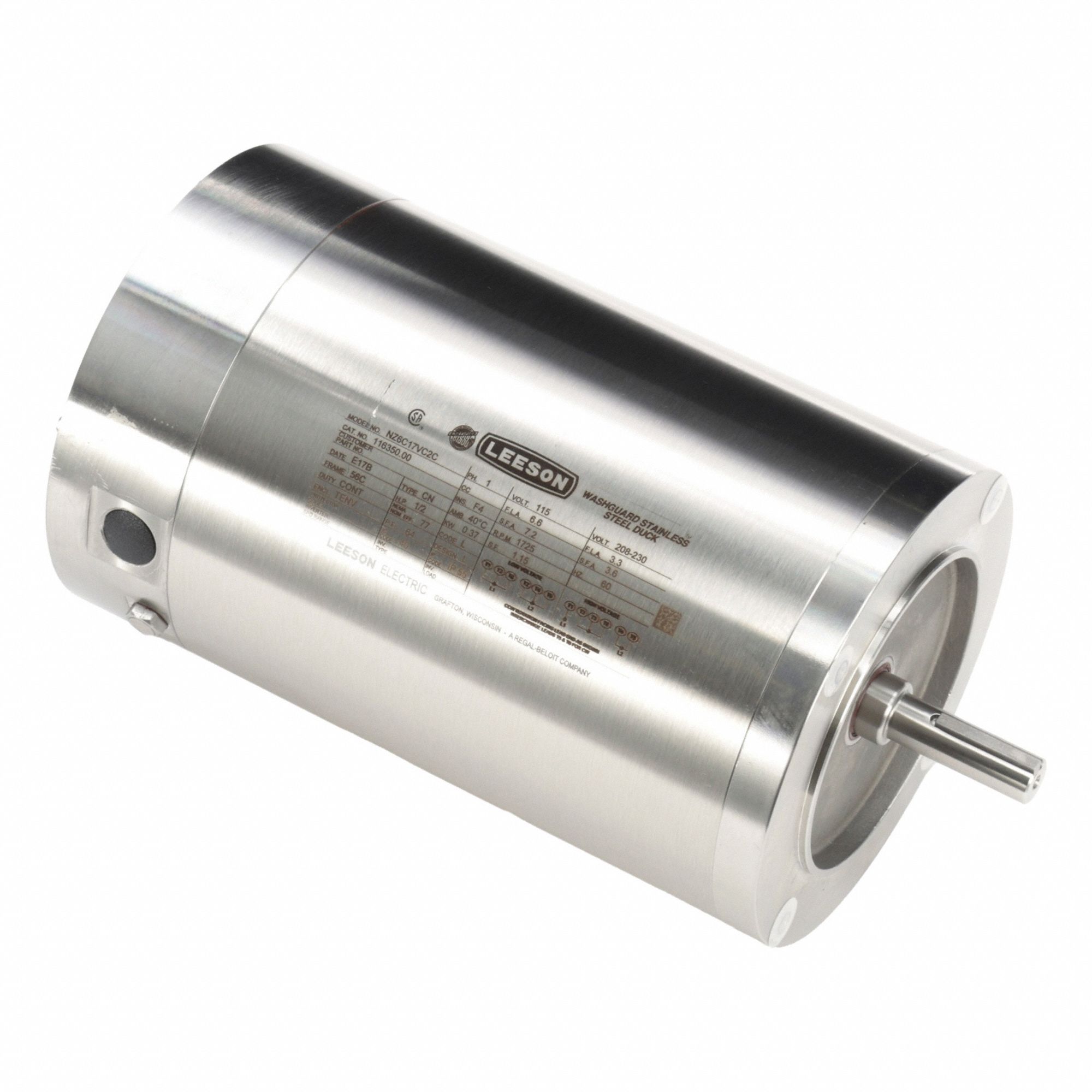 Washdown Motor: Capacitor-Start, 1/2 hp Horsepower, 1, 725 RPM RPM, 115/230V AC, TENV