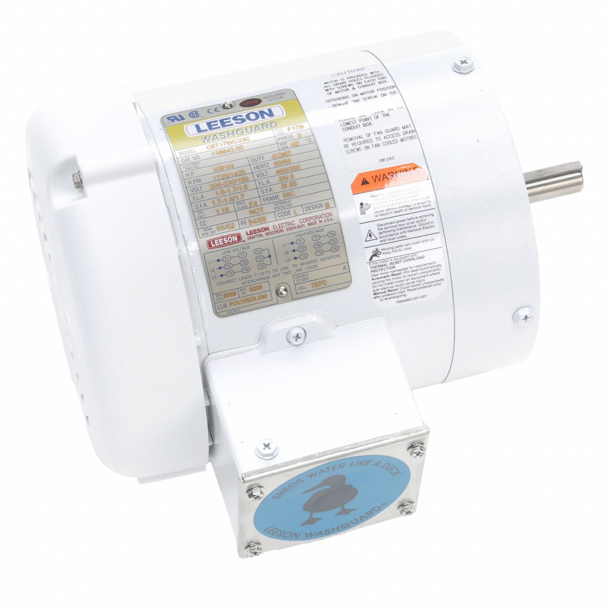 Washdown Motor: Three-Phase, 1/3 hp Horsepower, 1, 725 RPM RPM, 230/460V AC, 56C Frame Size