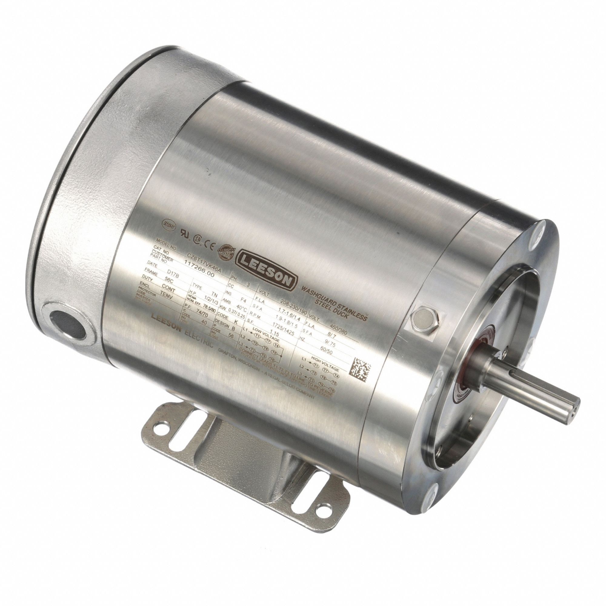 Washdown Motor: Three-Phase, 1/2 hp Horsepower, 1, 725 RPM RPM, 230/460V AC, 56C Frame Size