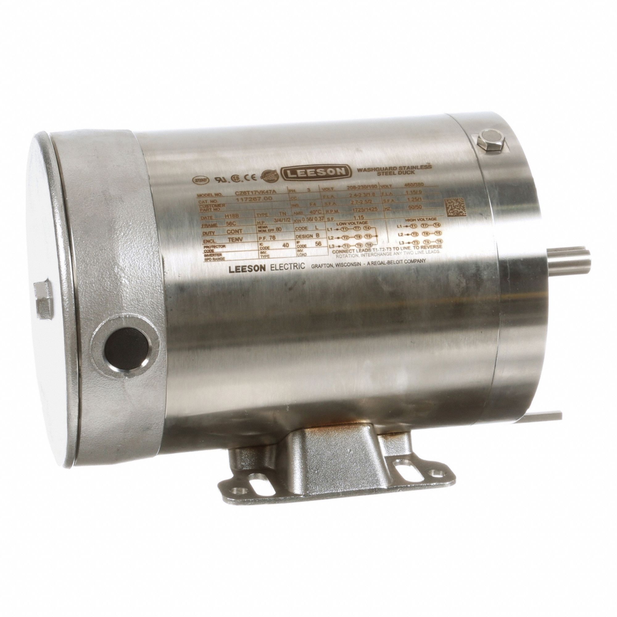 Washdown Motor: Three-Phase, 3/4 hp Horsepower, 1, 725 RPM RPM, 230/460V AC, 56C Frame Size