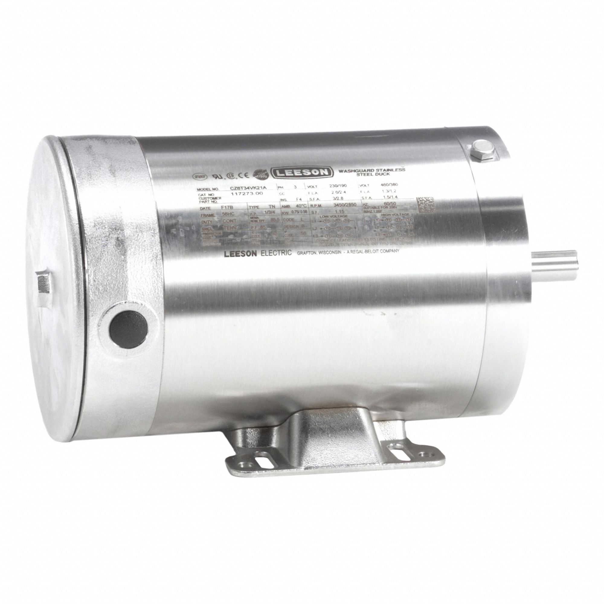 Washdown Motor: Three-Phase, 1 hp Horsepower, 3, 450 RPM RPM, 230/460V AC, 56HC Frame Size