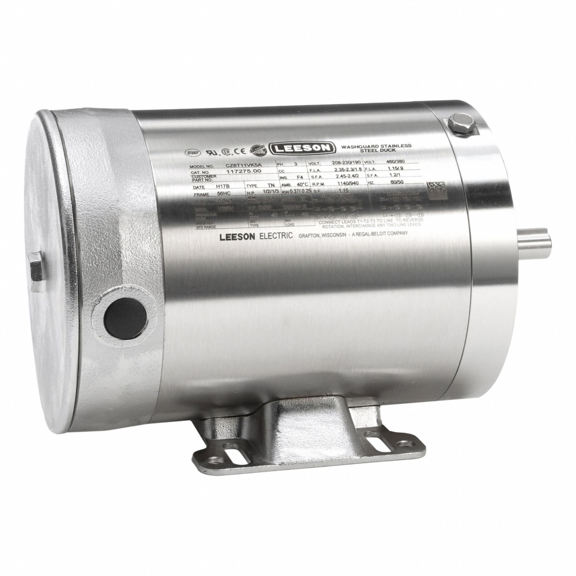 Washdown Motor: Three-Phase, 1/2 hp Horsepower, 1, 140 RPM RPM, 230/460V AC, 56HC Frame Size