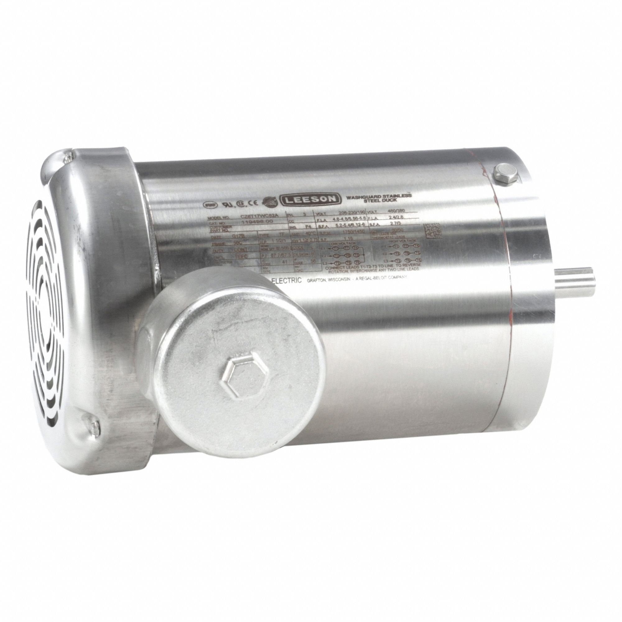 Washdown Motor: Three-Phase, 1 1/2 hp Horsepower, 1, 750 RPM RPM, 230/460V AC, 56C Frame Size