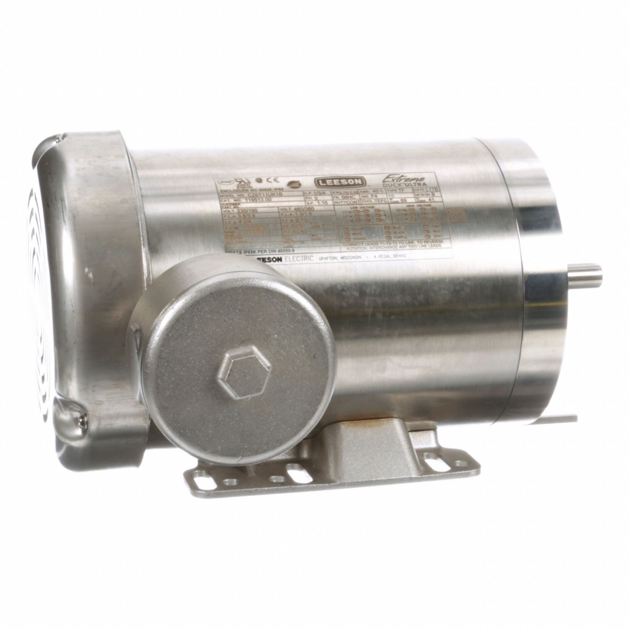 Washdown Motor: Three-Phase, 1 hp Horsepower, 1, 170 RPM RPM, 230/460V AC, 56HC Frame Size