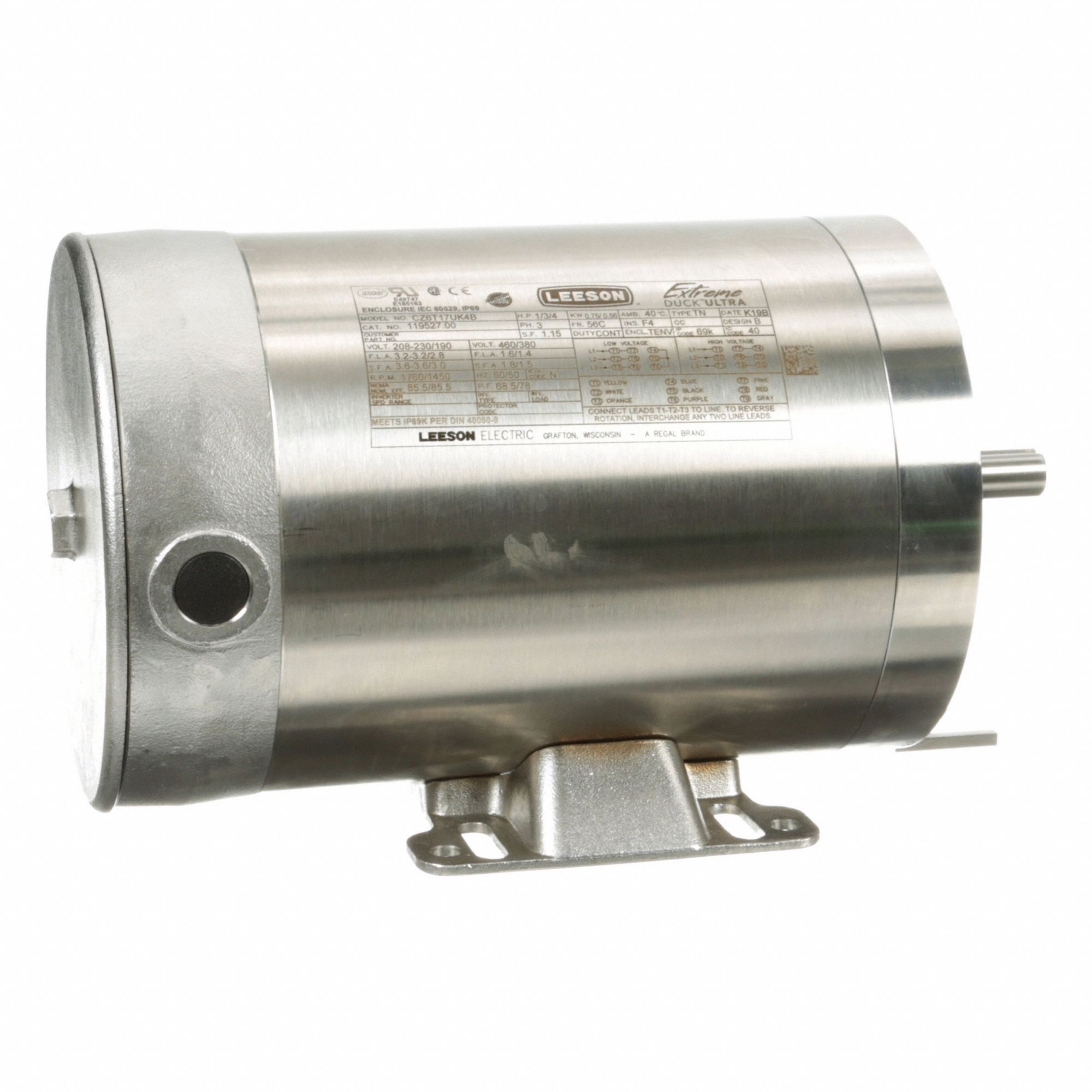 Washdown Motor: Three-Phase, 1 hp Horsepower, 1, 750 RPM RPM, 230/460V AC, 56C Frame Size