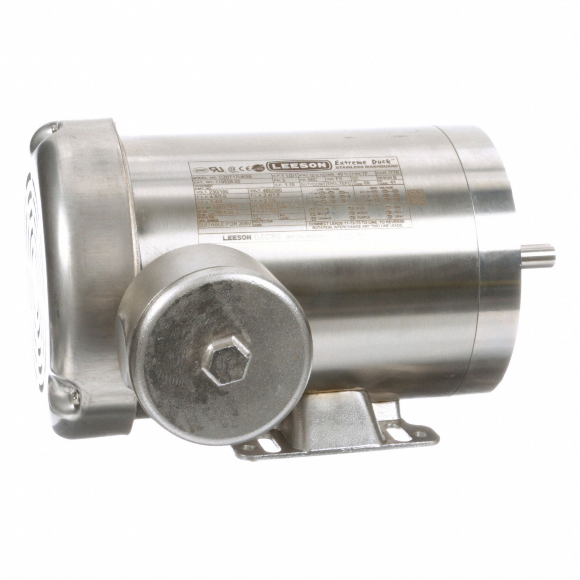 Washdown Motor: Three-Phase, 1 1/2 hp Horsepower, 1, 750 RPM RPM, 230/460V AC, 56C Frame Size