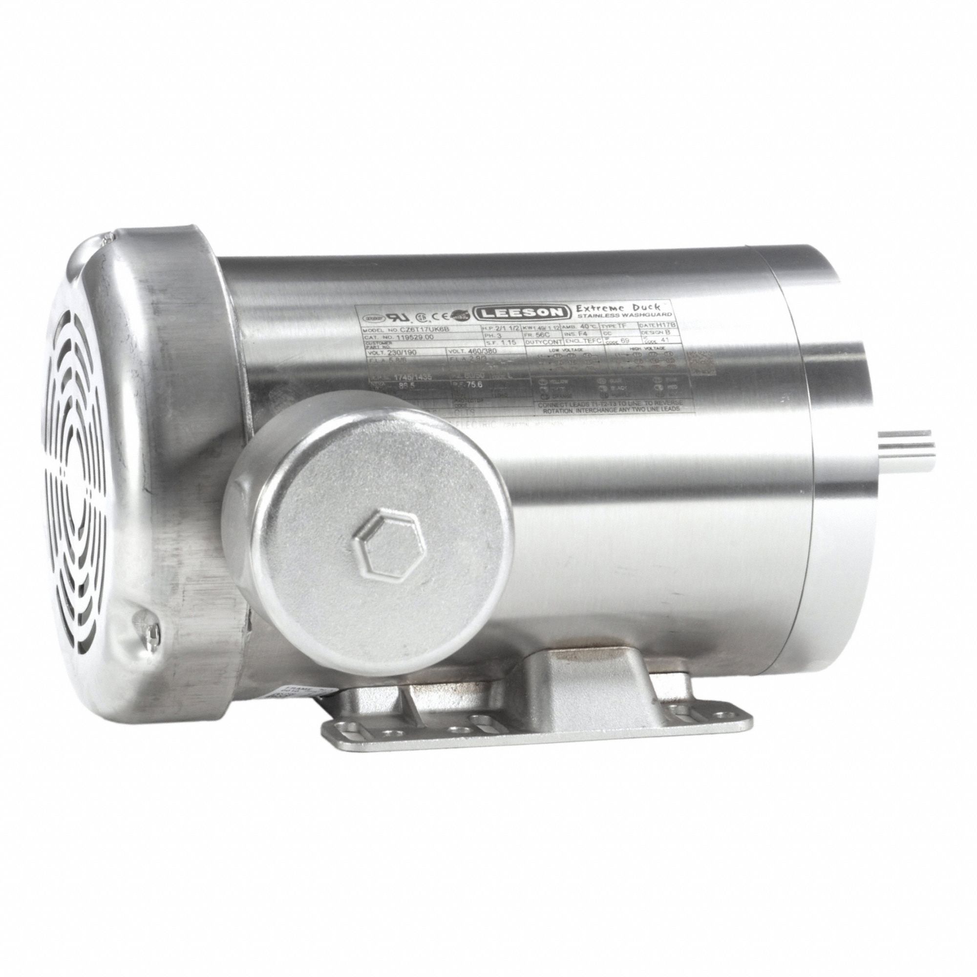 Washdown Motor: Three-Phase, 2 hp Horsepower, 1, 745 RPM RPM, 230/460V AC, 56C Frame Size