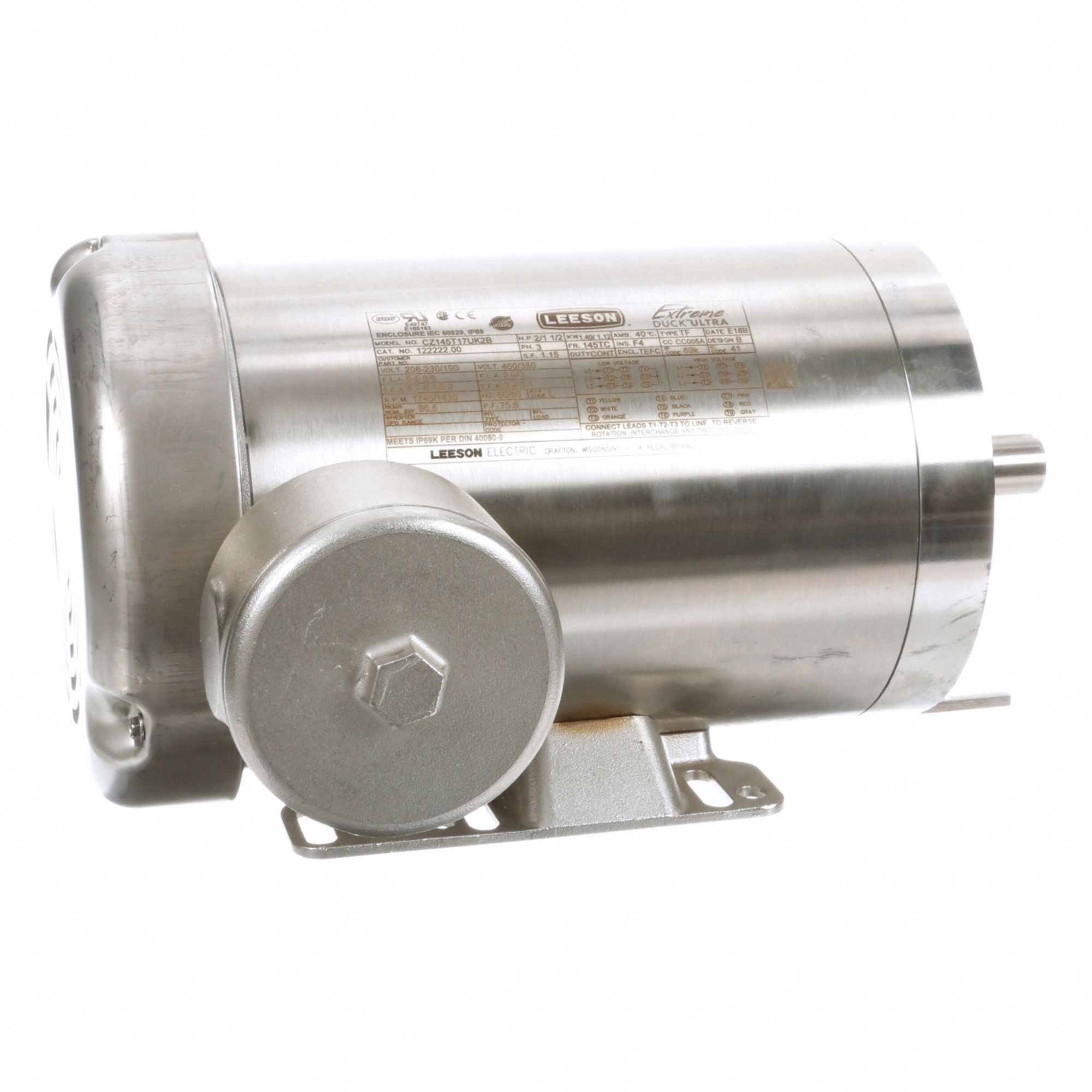 Washdown Motor: Three-Phase, 2 hp Horsepower, 1, 745 RPM RPM, 230/460V AC, 145TC Frame Size