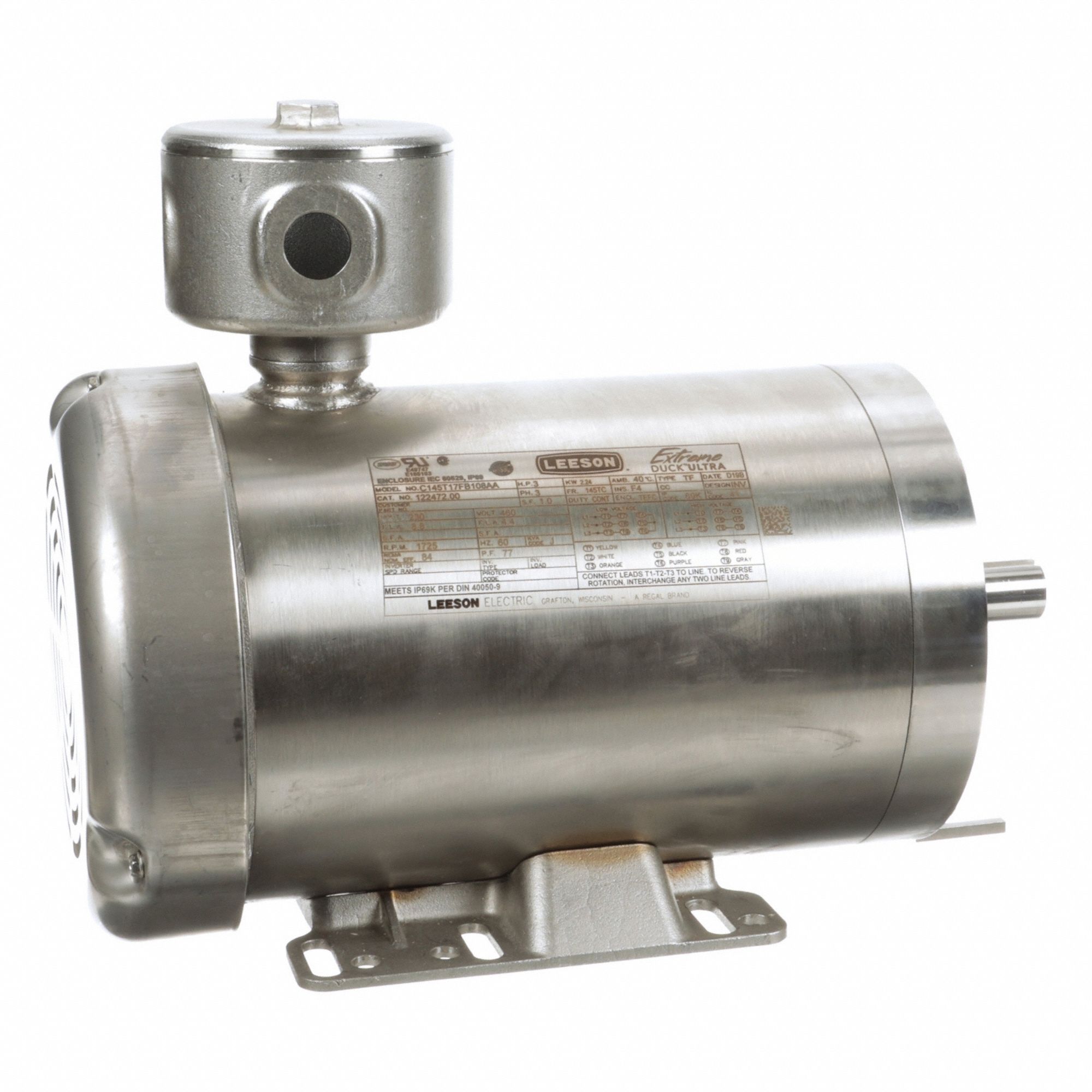 Washdown Motor: Three-Phase, 3 hp Horsepower, 1, 725 RPM RPM, 230/460V AC, 145TC Frame Size