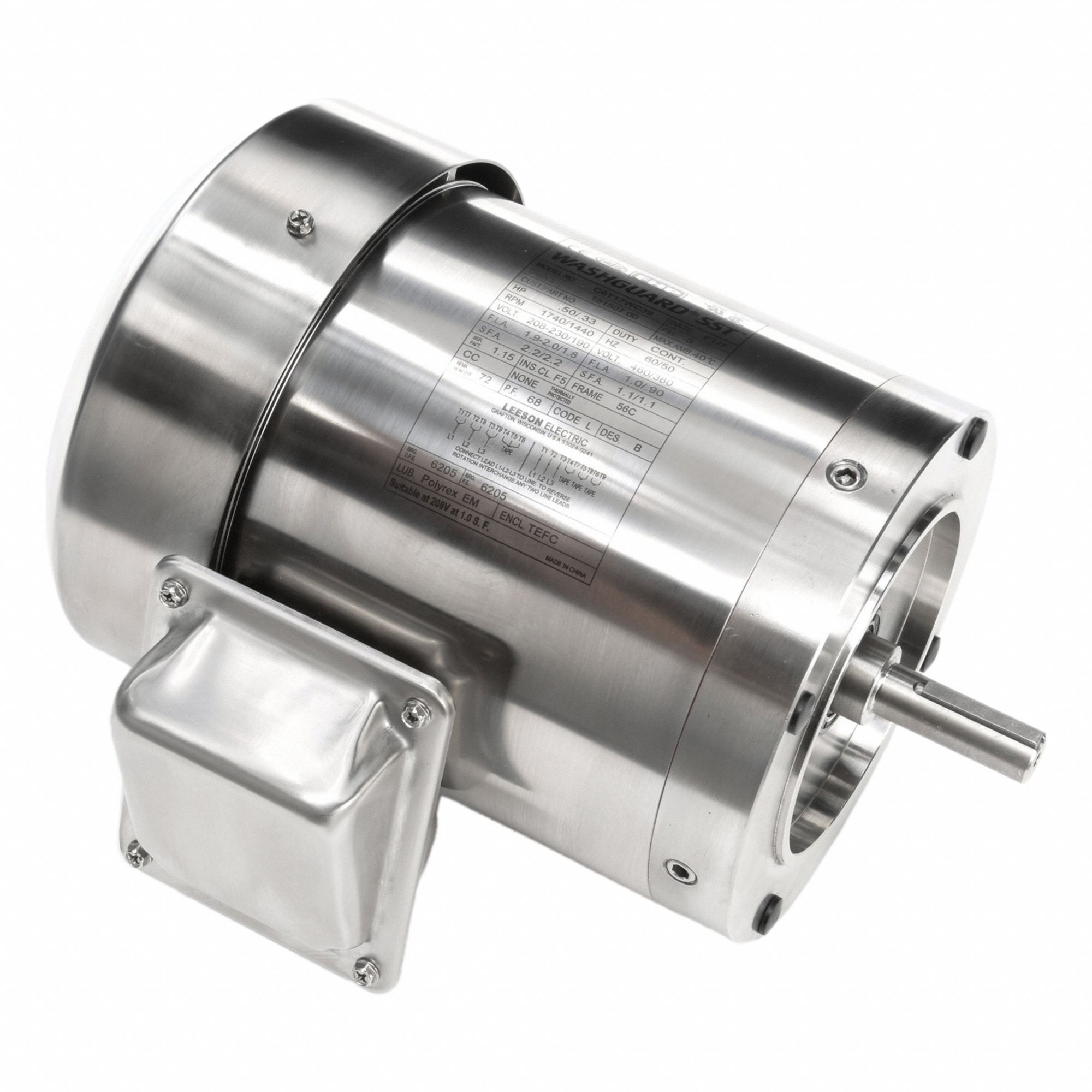 Washdown Motor: Three-Phase, 1/2 hp Horsepower, 1, 740 RPM RPM, 230/460V AC, 56C Frame Size