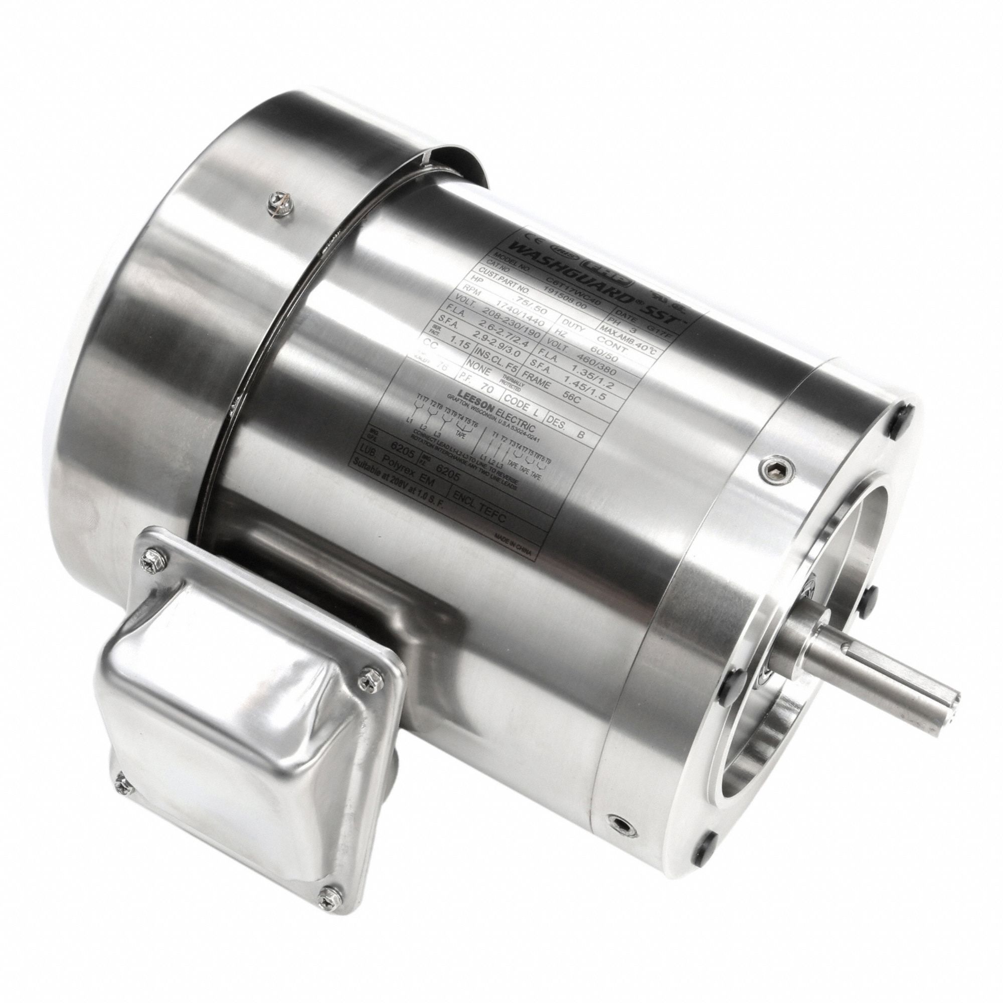 Washdown Motor: Three-Phase, 3/4 hp Horsepower, 1, 740 RPM RPM, 230/460V AC, 56C Frame Size