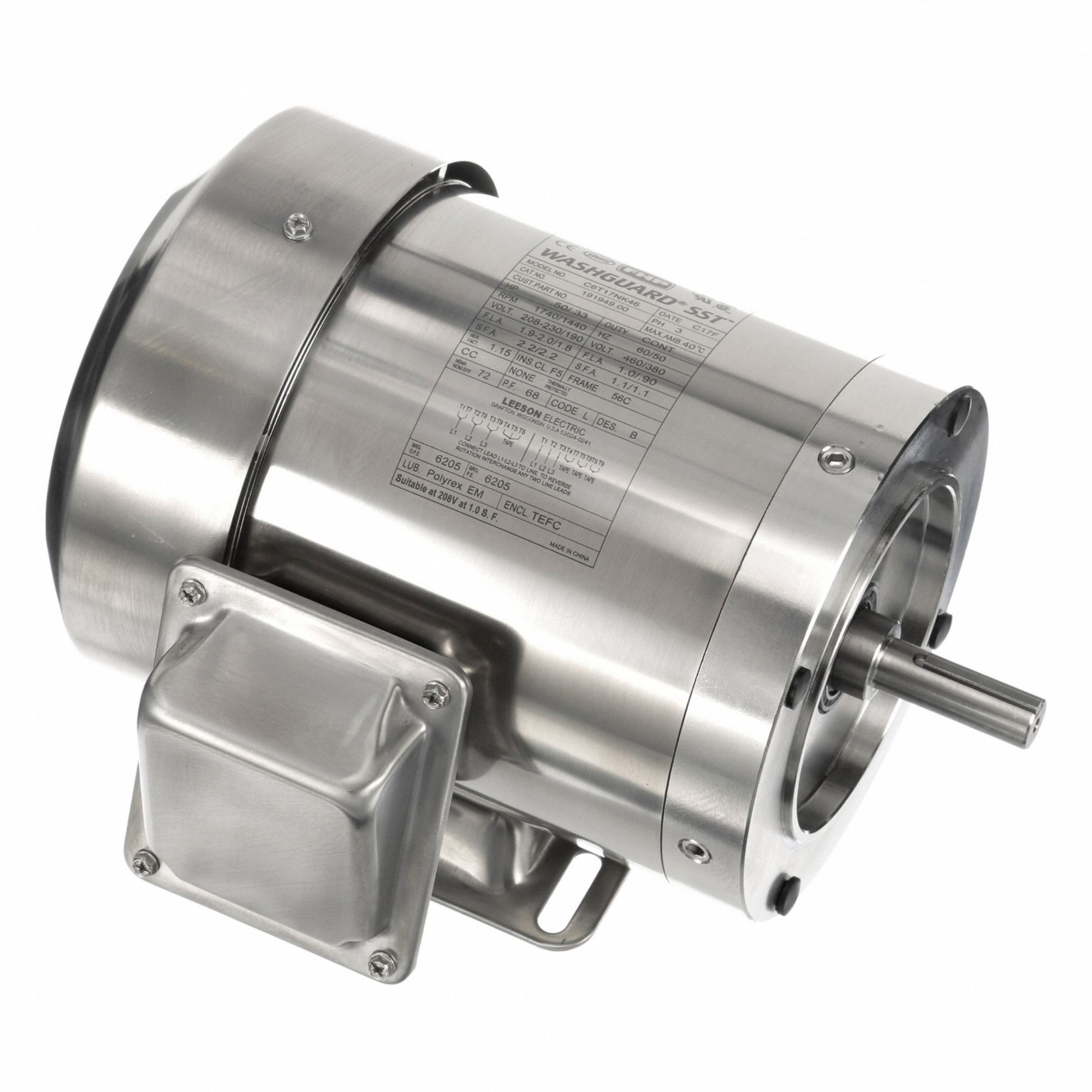 Washdown Motor: Three-Phase, 1/2 hp Horsepower, 1, 740 RPM RPM, 230/460V AC, 56C Frame Size