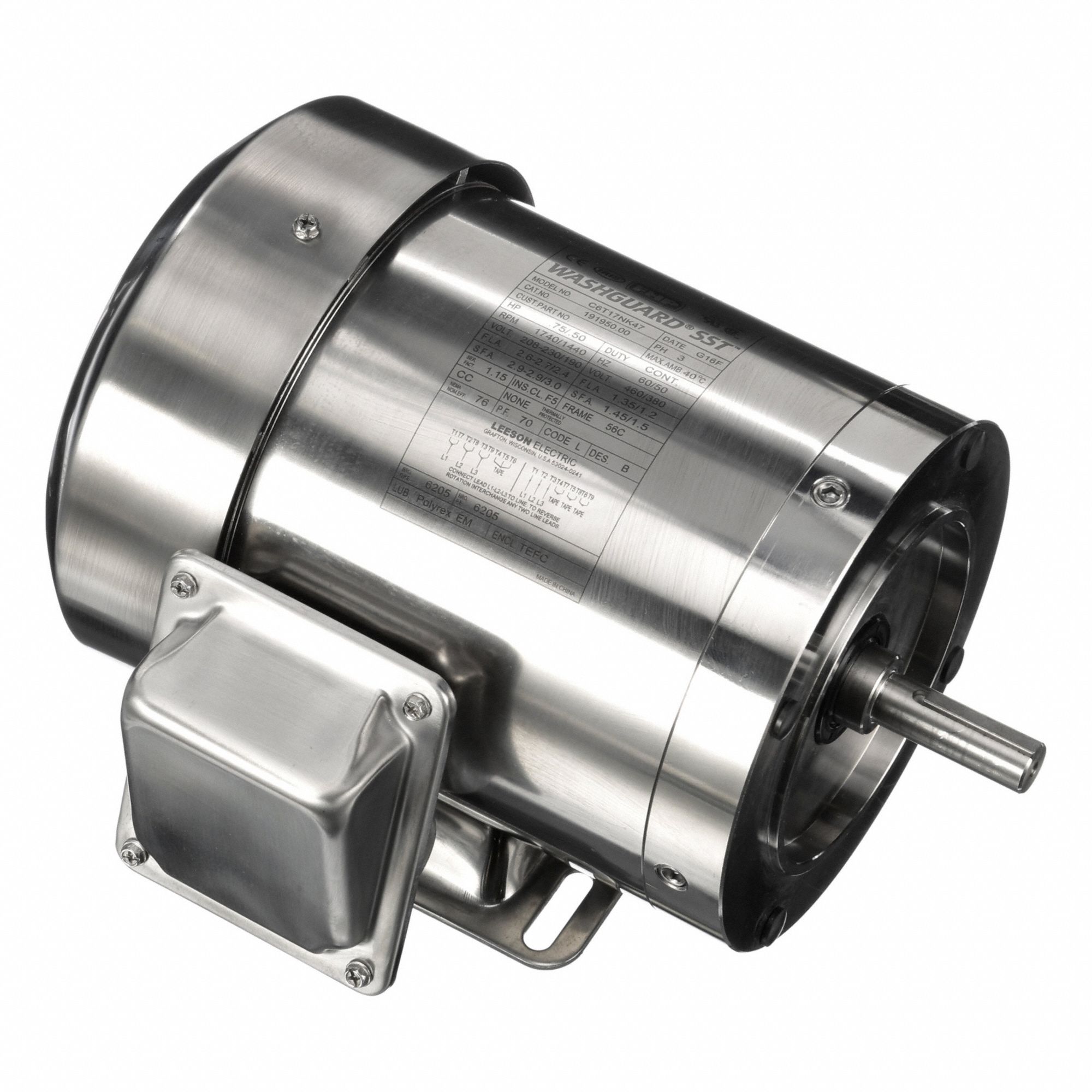 Washdown Motor: Three-Phase, 3/4 hp Horsepower, 1, 740 RPM RPM, 230/460V AC, 56C Frame Size