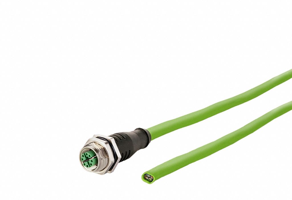M12 Cable: Cat7, M12 Jack Male Straight x Bare Wire, 1 m Lg, PUR, Green, X Coding, X