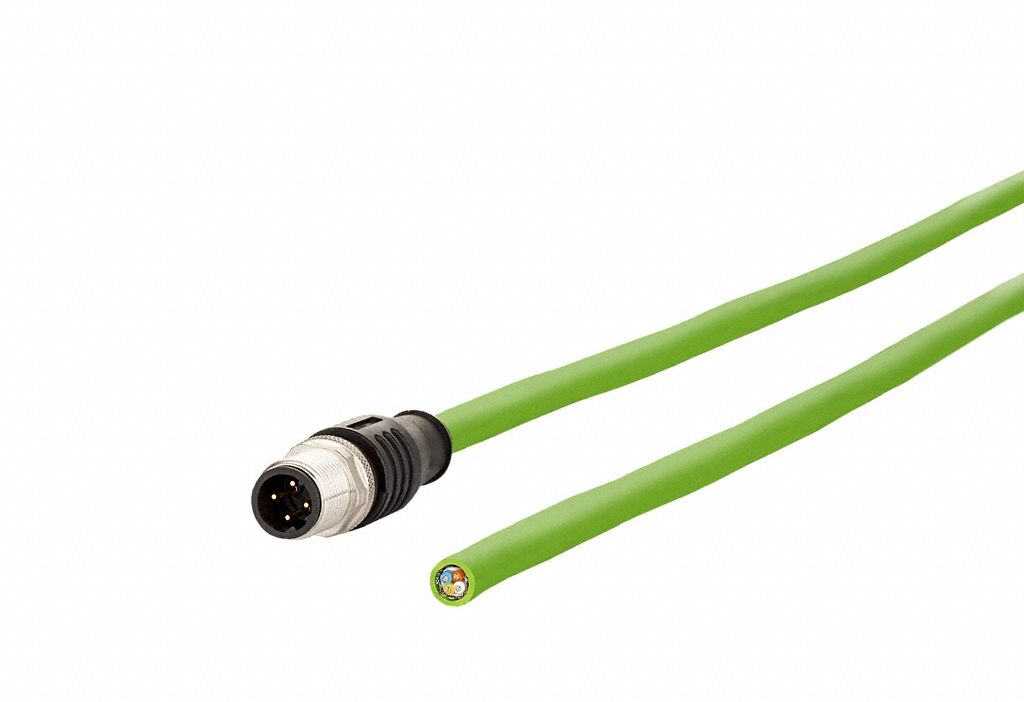 M12 Cable: Cat5/PROFINET, M12 Plug Male Straight x Bare Wire, 1 m Lg, PUR, Green, D