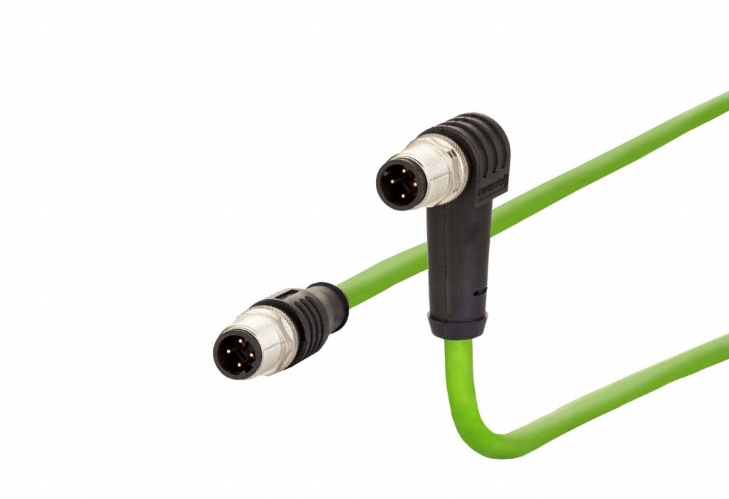 M12 Cable: Cat5/PROFINET, M12 Plug Male Straight x M12 plug Male Right Angle, 10 m Lg