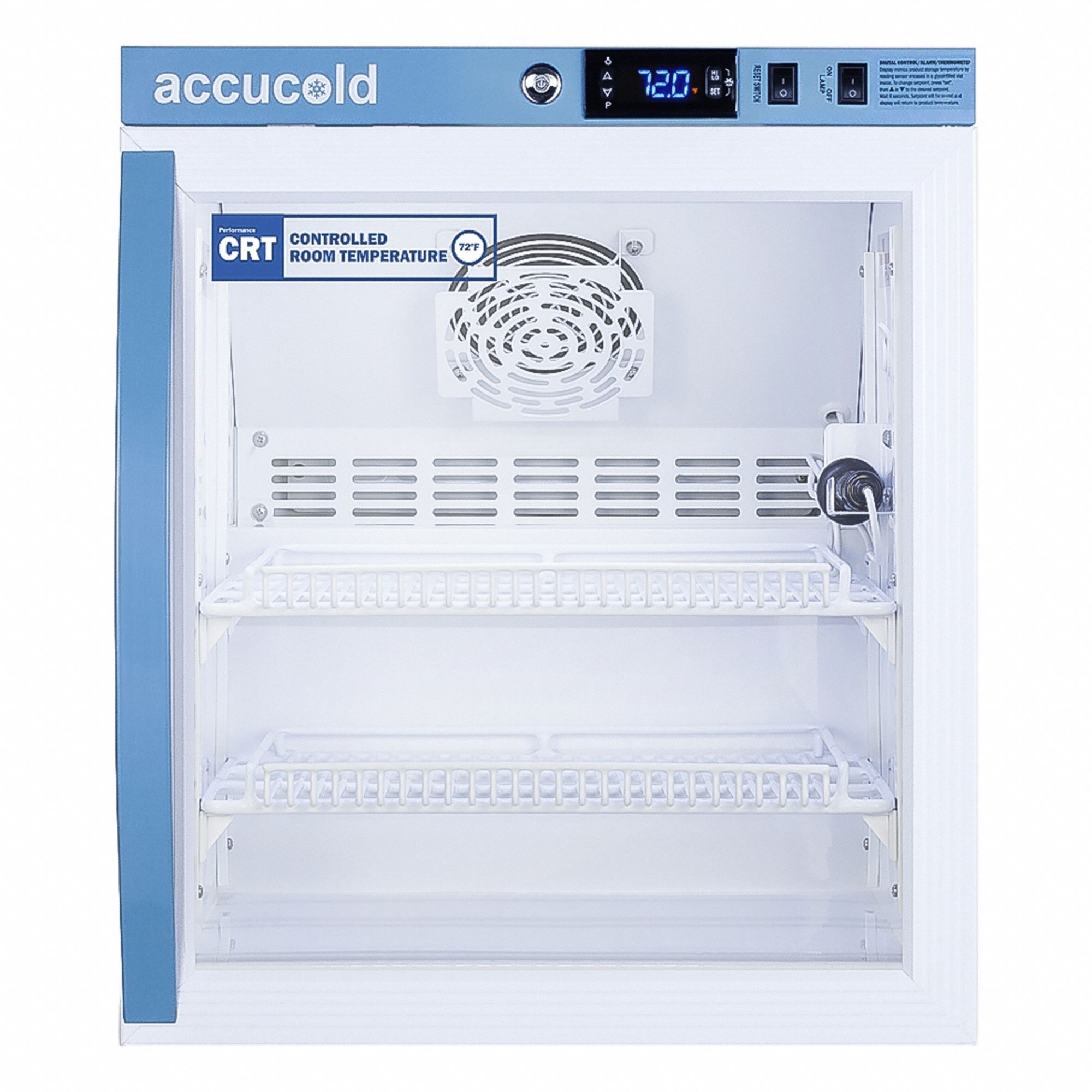 Controlled Room Temperature Cabinet: 115V AC, 68°F to 77°F, 18 1/2 in Overall Wd (MPN ARG2PV-CRT). Key specifications — Brand: ACCUCOLD; Voltage: 115V AC; Includes: (2) Keys; Door Hinge: Right Hinge.