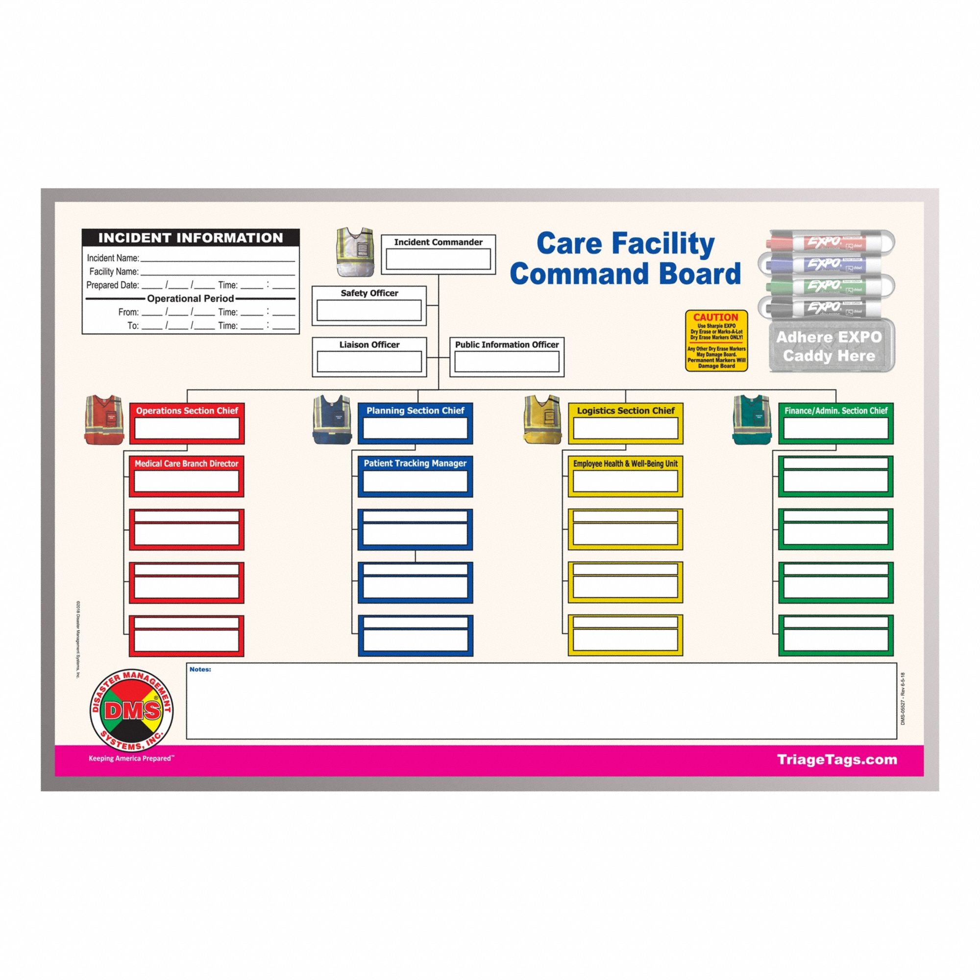 Incident Command Board: Dry Erase Caddy/Dry Erase Pens, 35 in Overall Wd