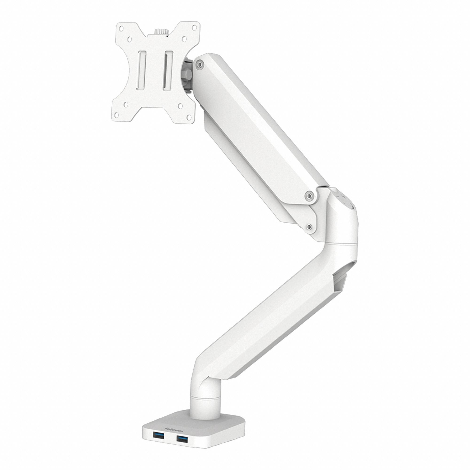 Monitor Arm: White, Aluminum/Plastic, Clamp/Grommet Mount, 18 lb Wt Capacity