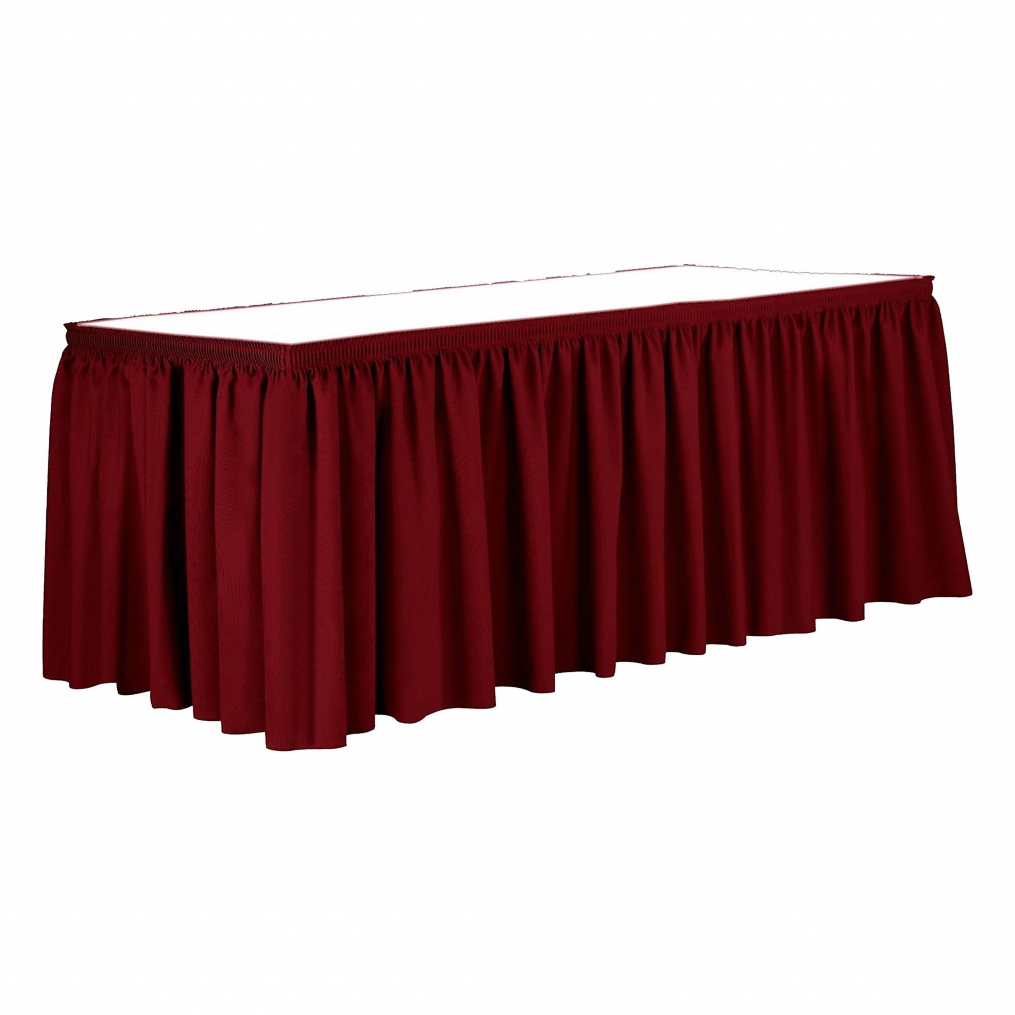 Table Skirt: Red, 13 ft Overall Lg, Poly, Shirred, Hook-and-Loop, 29 in Overall Ht