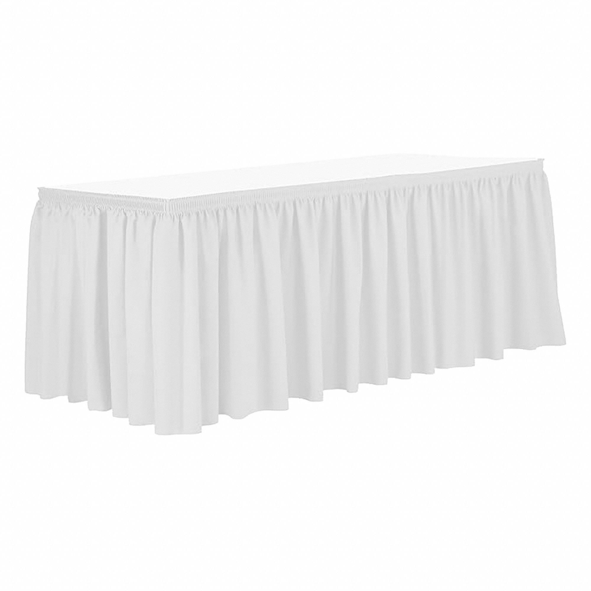 Table Skirt: White, 13 ft Overall Lg, Poly, Shirred, Hook-and-Loop, 29 in Overall Ht