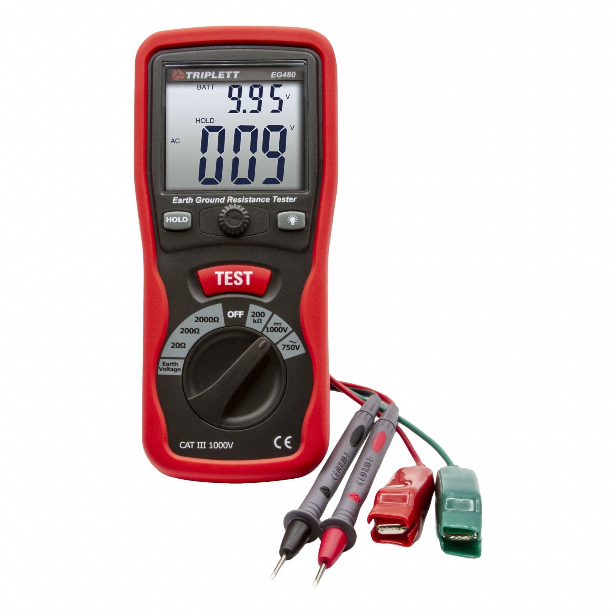 EARTH GROUND TESTER KIT, CAT III 1000V, 2,000 OHM MAX. GROUND RESIST, LESS THAN 12 MA, DIGITAL, CE
