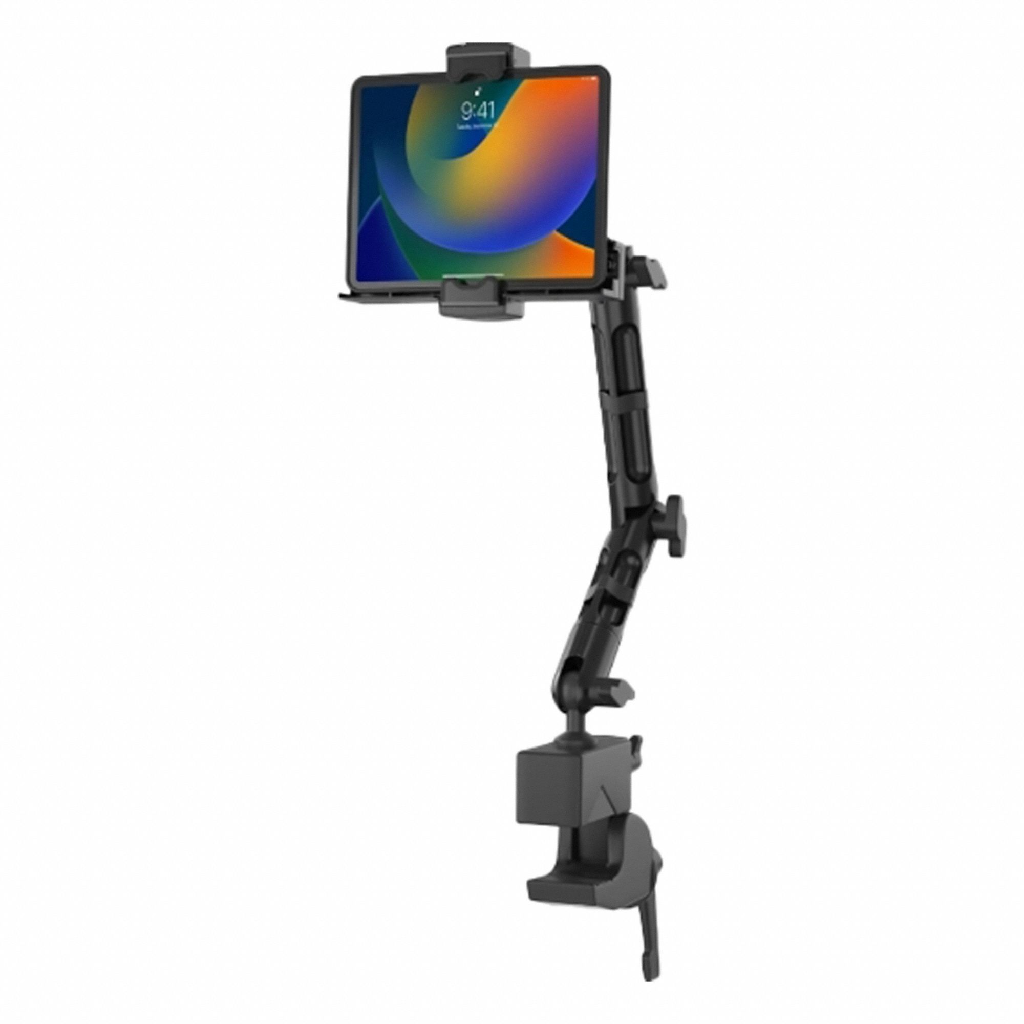 Adjustable Mount: Black, Aluminum, 18 in Ht, 10 3/4 in Lg, 10 5/8 in Wd, Clamp