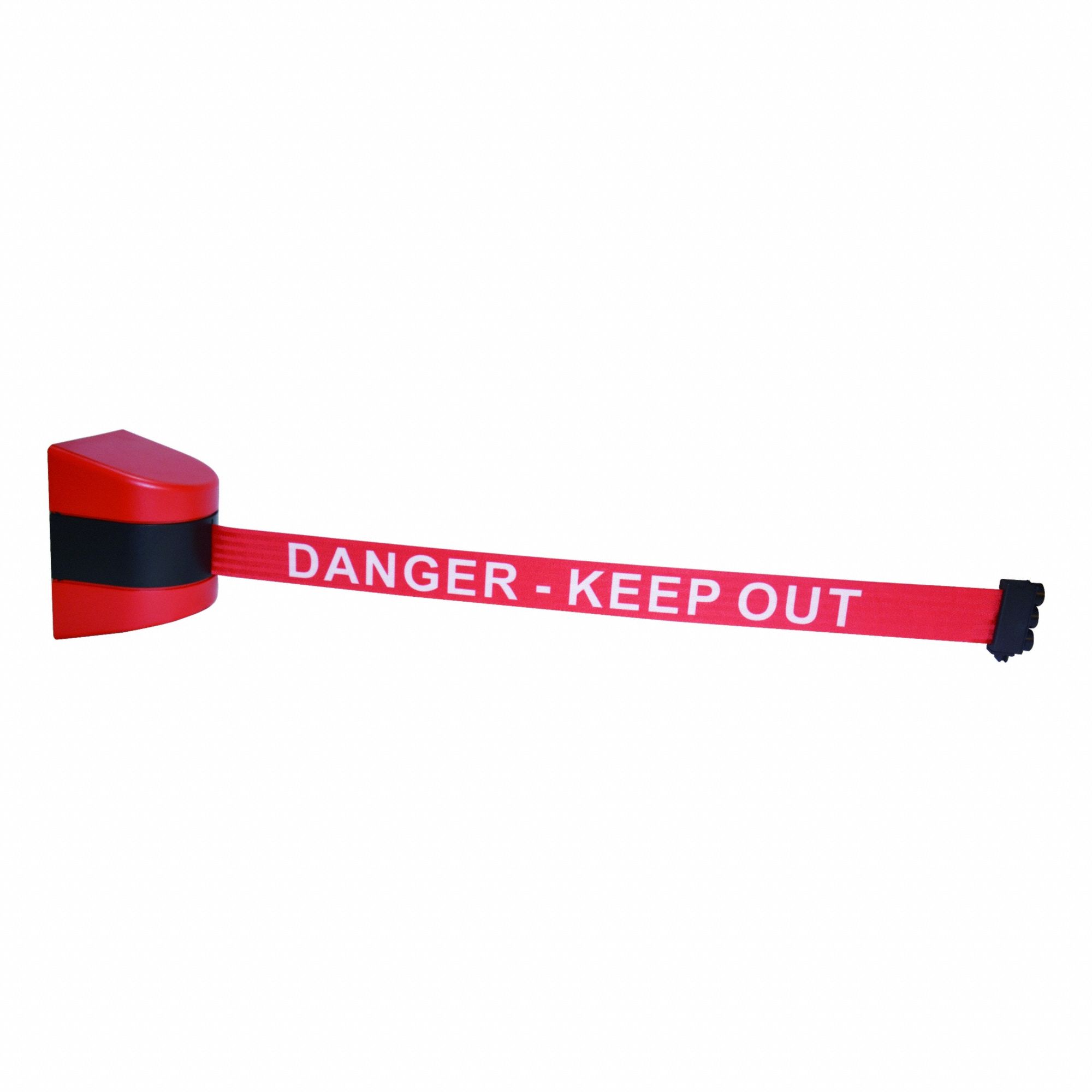 Wall Mounted Retractable Belt Barrier: Magnet, 30 ft Belt Lg, Danger Messaging, Red