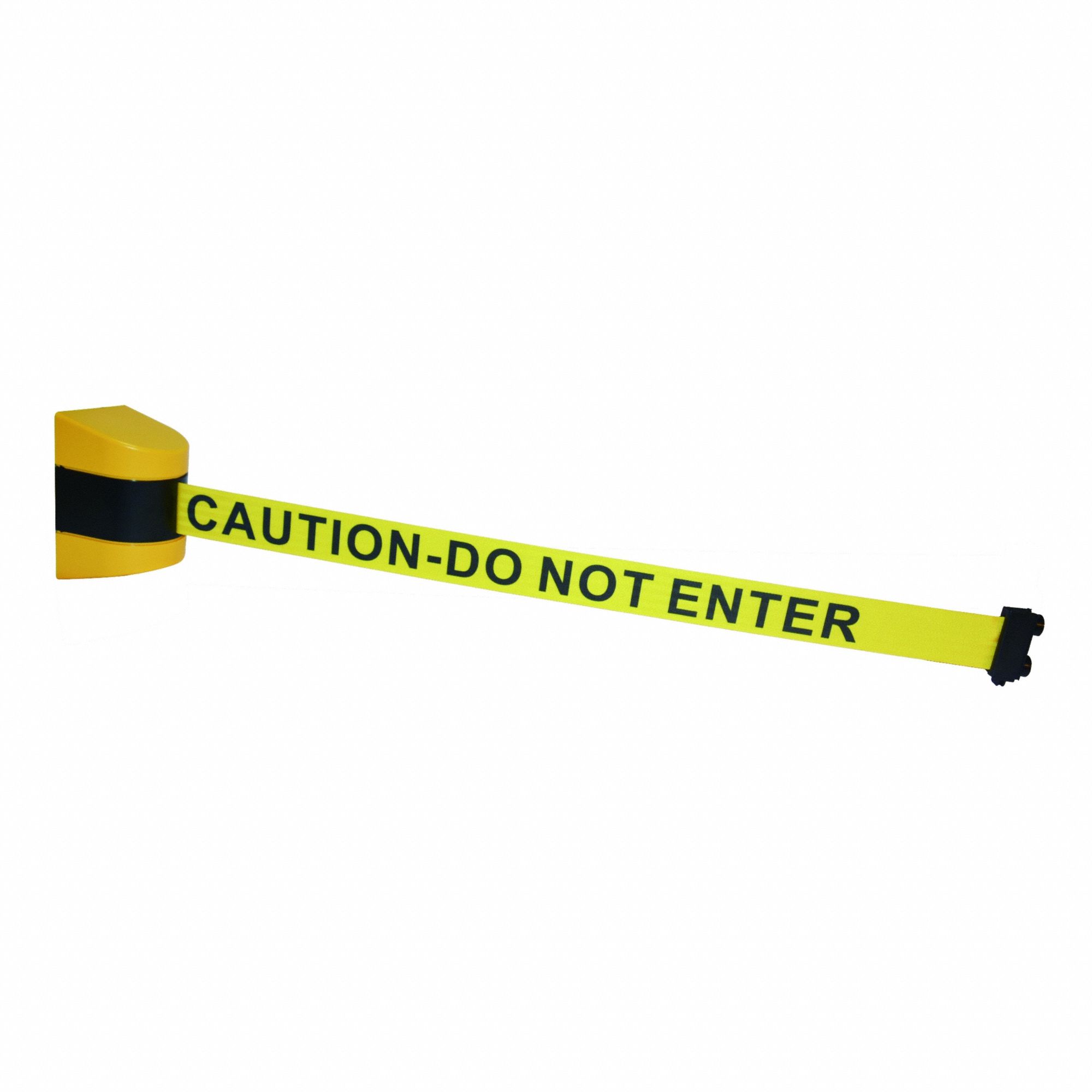 Wall Mounted Retractable Belt Barrier: Magnet, 7 ft Belt Lg, Caution Messaging