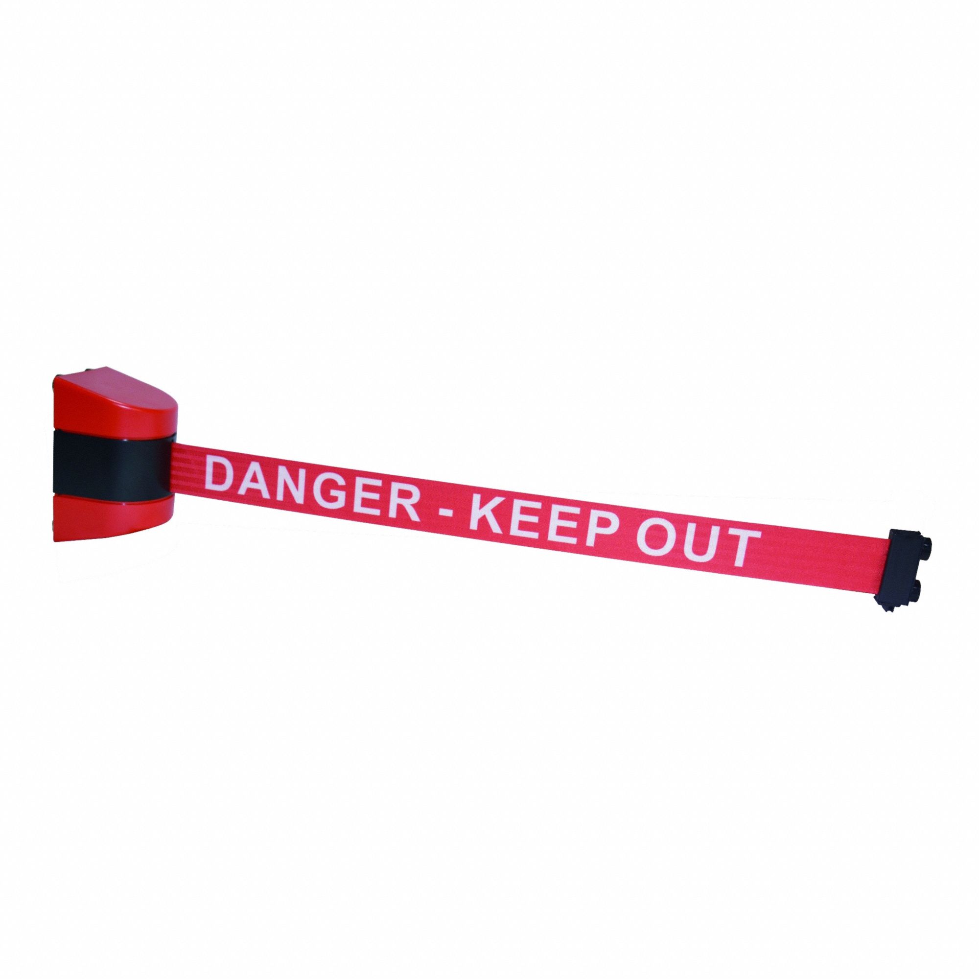 Wall Mounted Retractable Belt Barrier: Magnet, 7 ft Belt Lg, Danger Messaging, Red