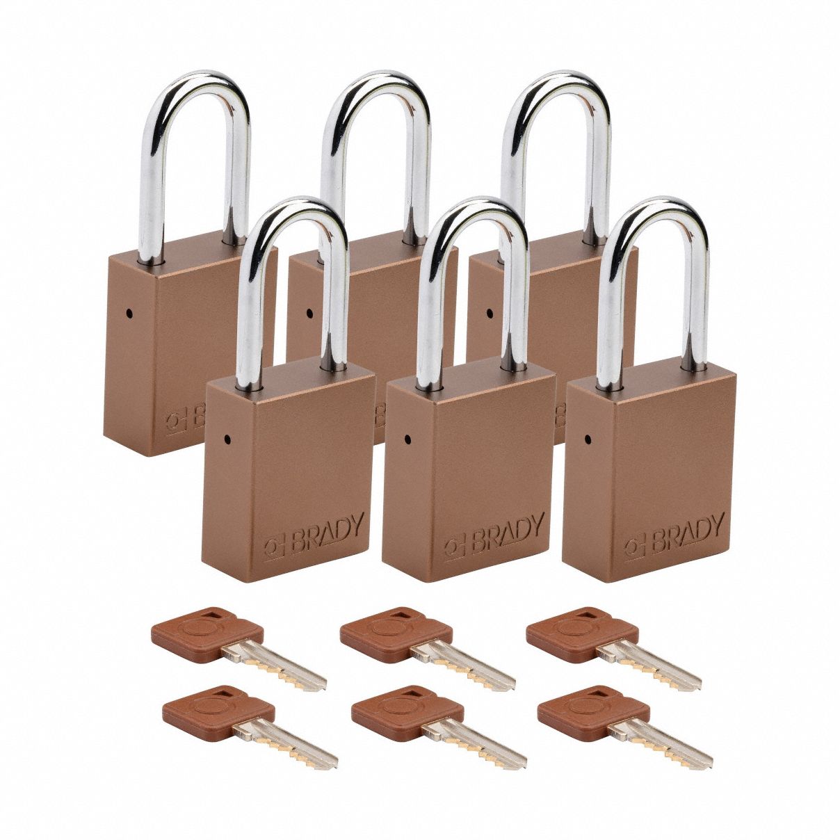 Lockout Padlock: Keyed Alike, Aluminum, Std Body Body Size, Steel, Std, Brown, 6 Pack Size